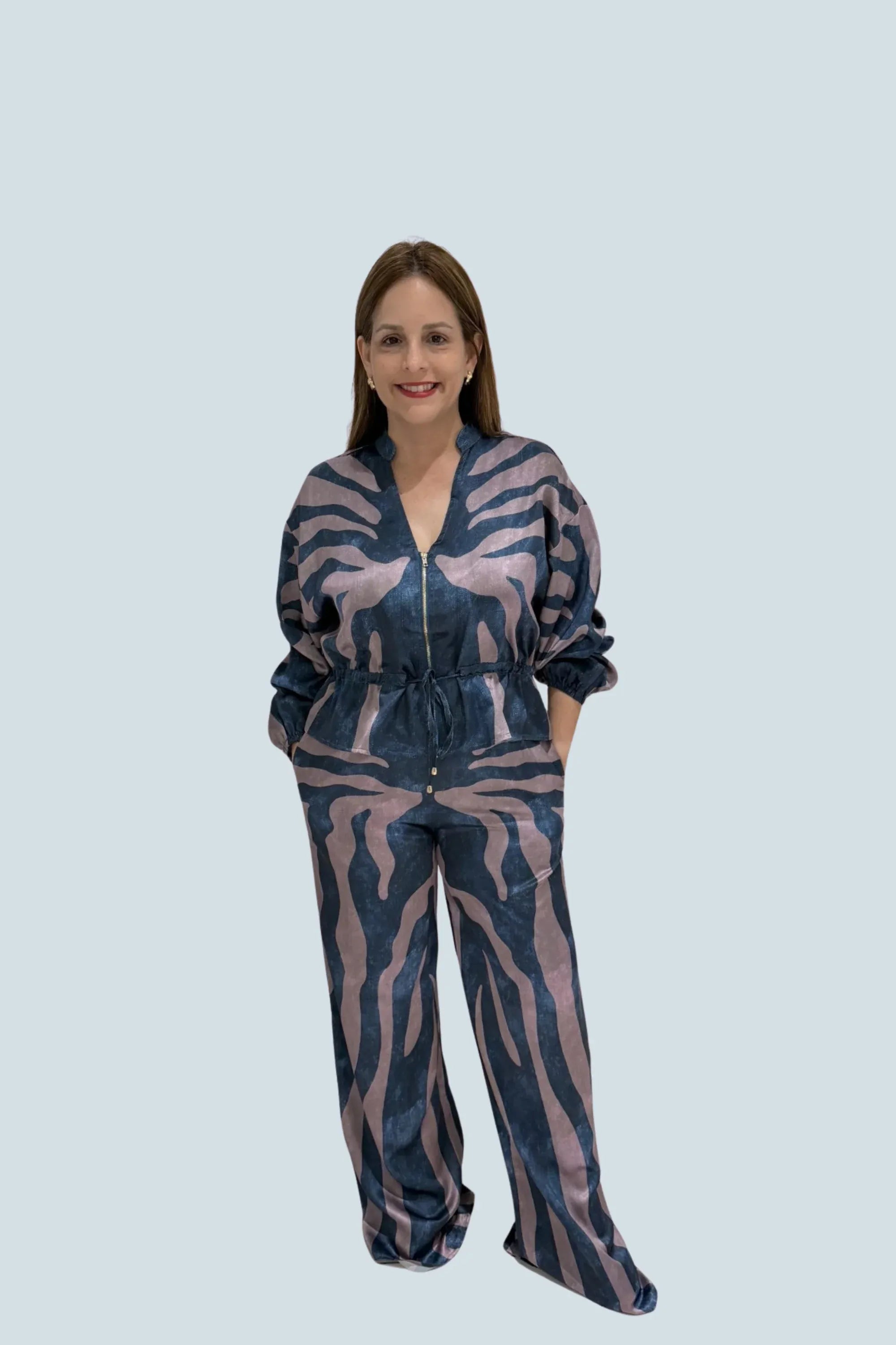 eBoutike Bottom Zebra Print Satin Zip-up Top & Wide Leg Pants Set