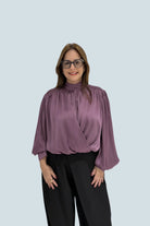 eBoutike Top Satin High-neck Draped Wrap Blouse