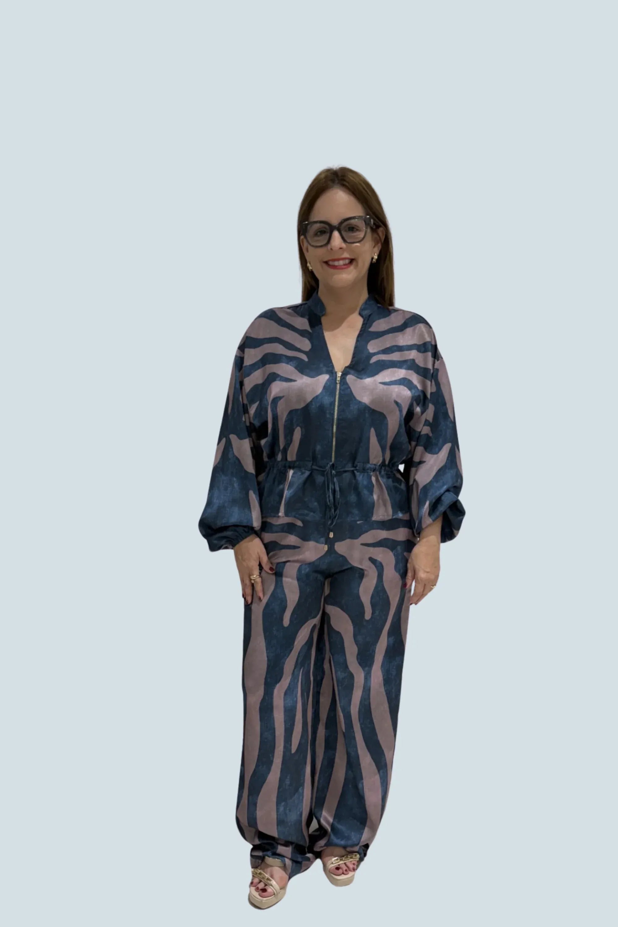 eBoutike Bottom Zebra Print Satin Zip-up Top & Wide Leg Pants Set