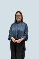 eBoutike Top Satin High-neck Draped Wrap Blouse