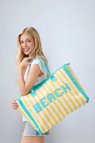 eBoutike Handbag BEACH Letter Embroidery Terry Cloth Frayed Striped Shoulder Tote Bag