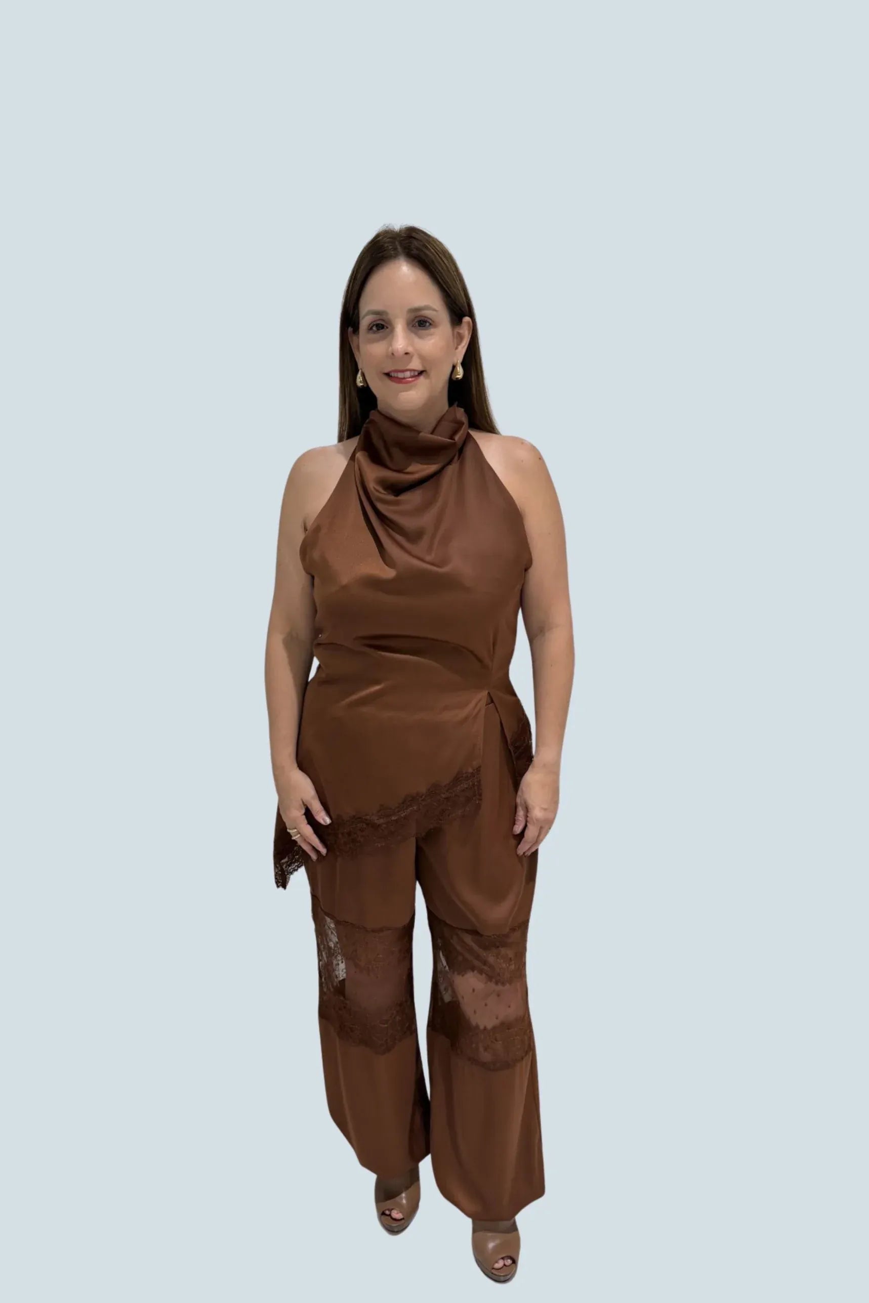 eBoutike Top Cowl Neck Satin Top Brown / S