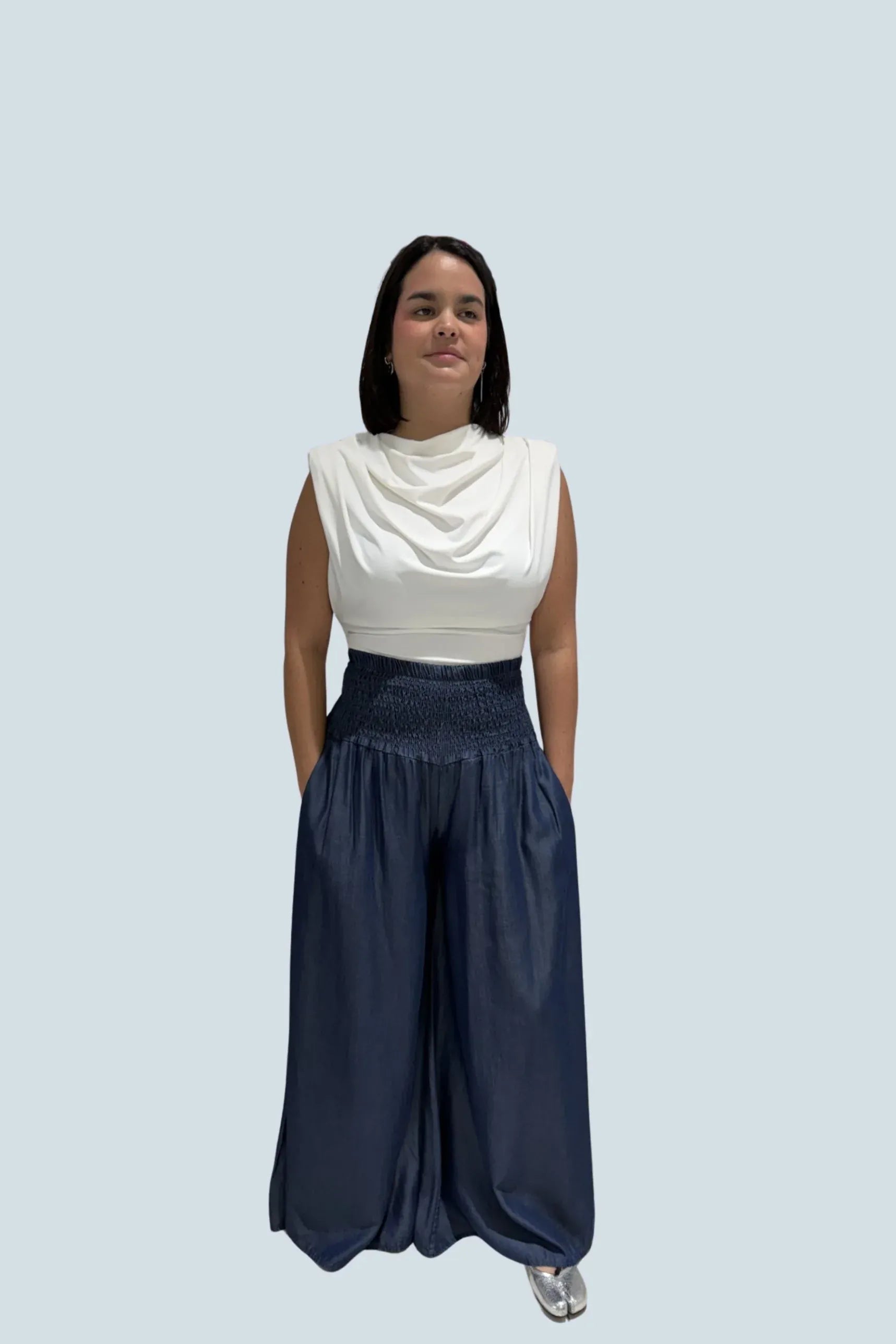 eBoutike Bottom Smocked-Waist Wide-Leg Tencel Pants Denim / One size