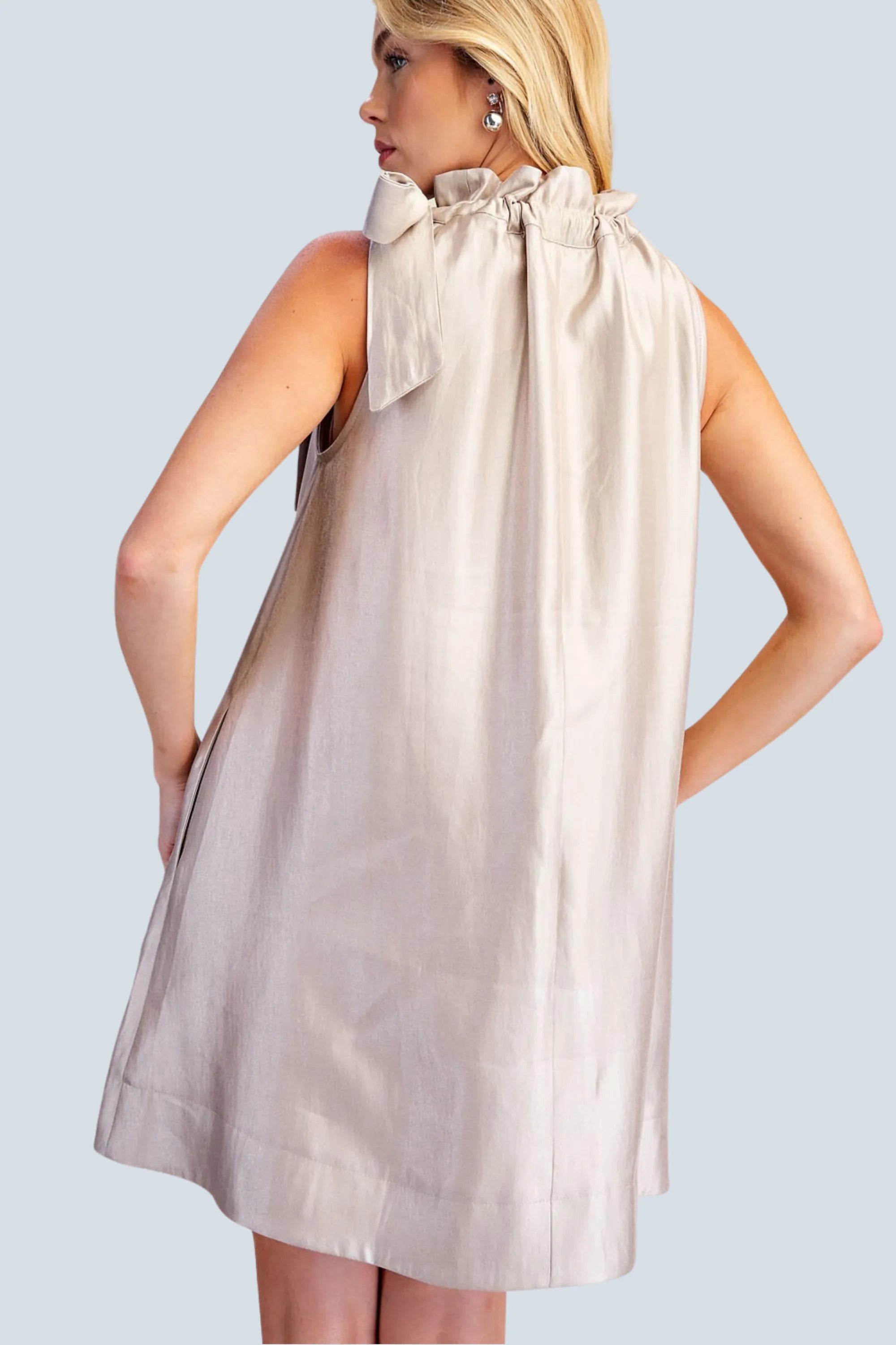 eBoutike Dress Ruffle Tie Neck Sleeveless Side Pocket Mini Dress