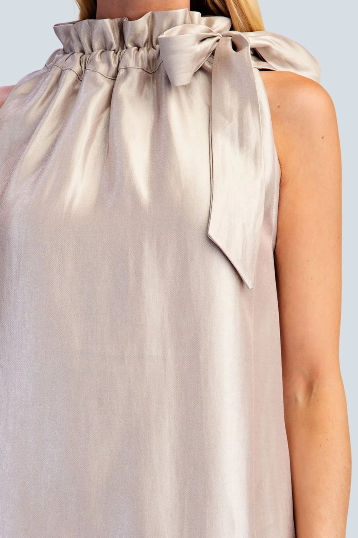eBoutike Dress Ruffle Tie Neck Sleeveless Side Pocket Mini Dress