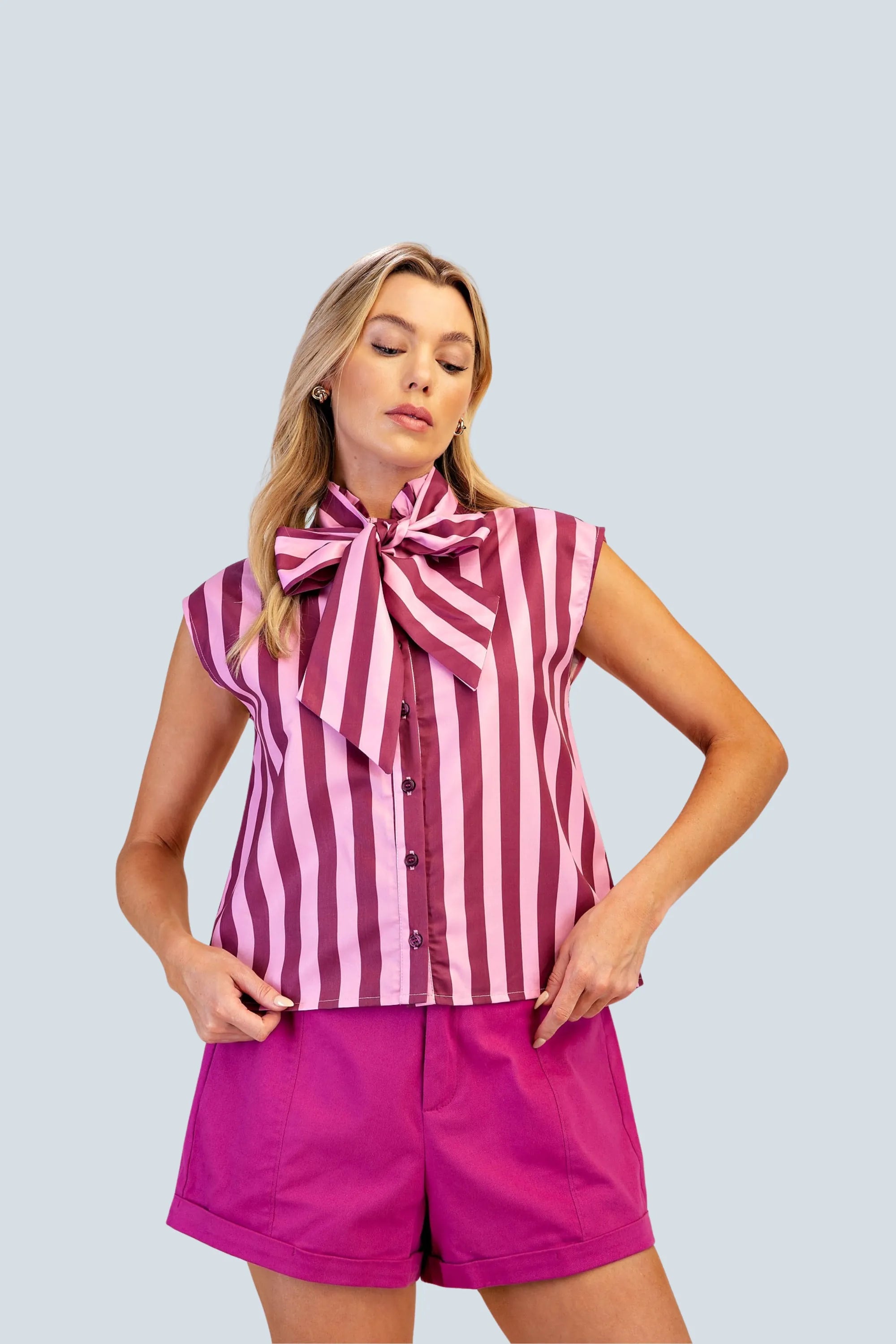 eBoutike Top Bow Neck Sleeveless Stripe Shirt