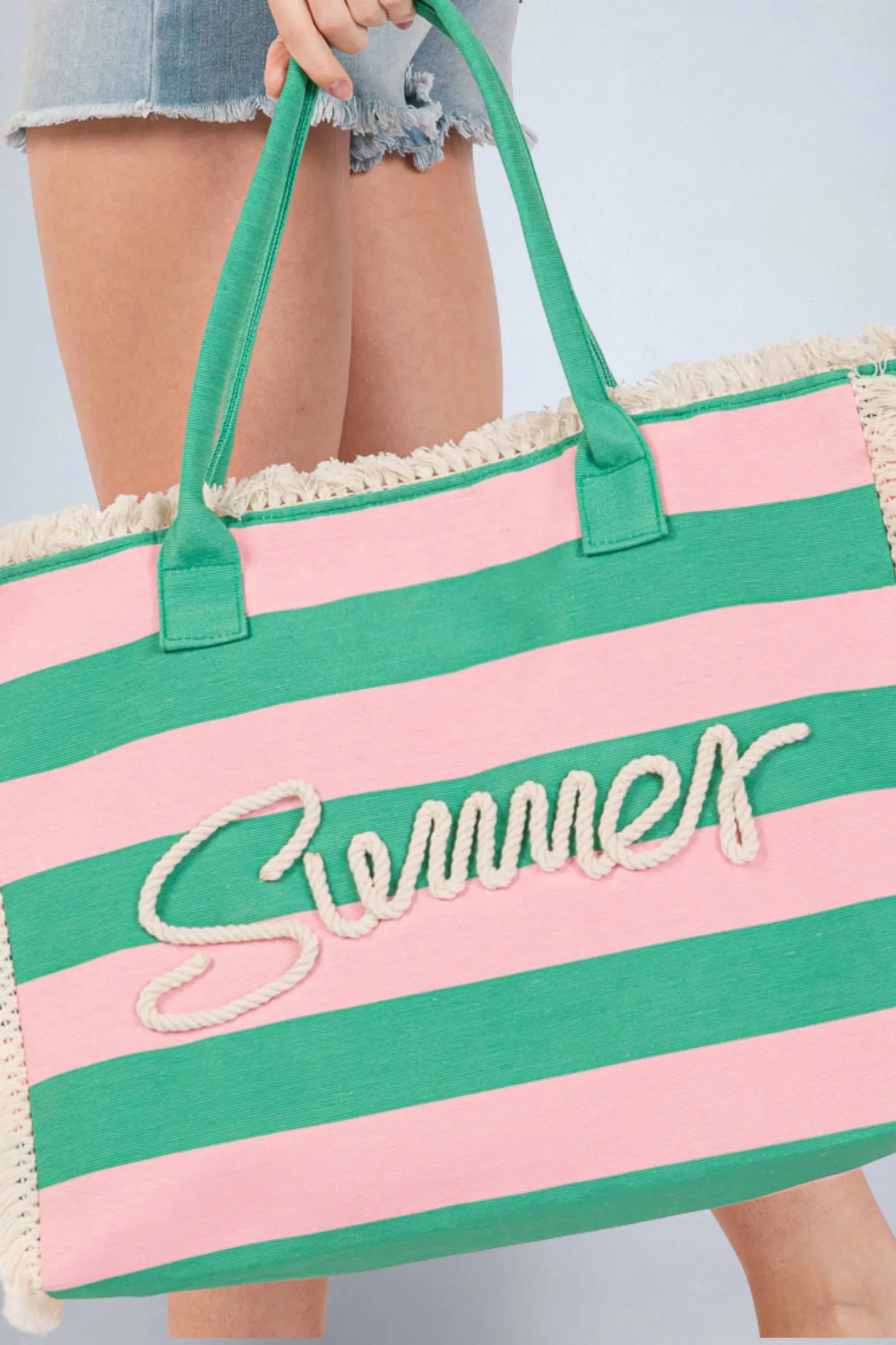eBoutike Handbag SUMMER Message Embroidered Fringe Striped Tote Beach Bag Style No