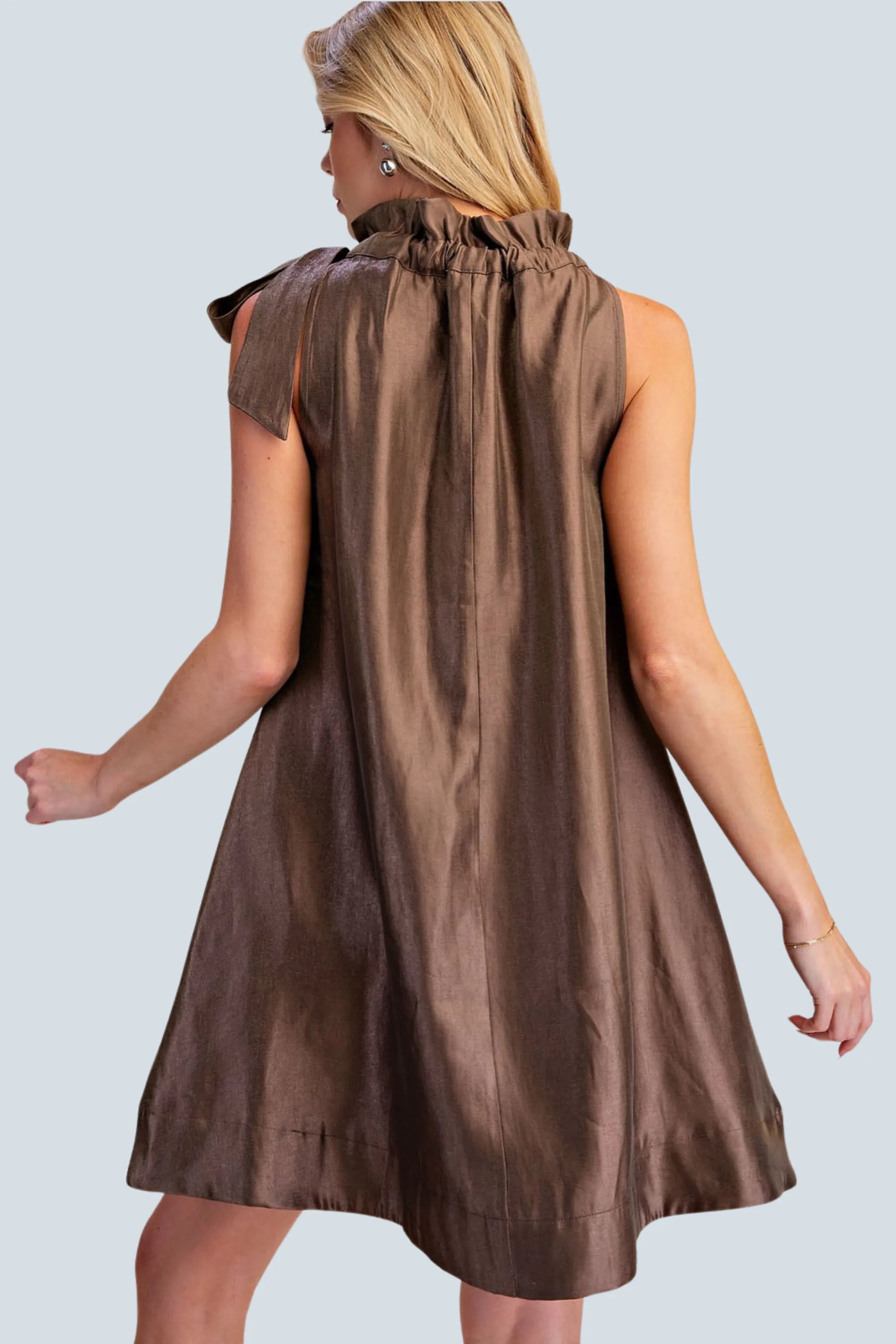 eBoutike Dress Ruffle Tie Neck Sleeveless Side Pocket Mini Dress