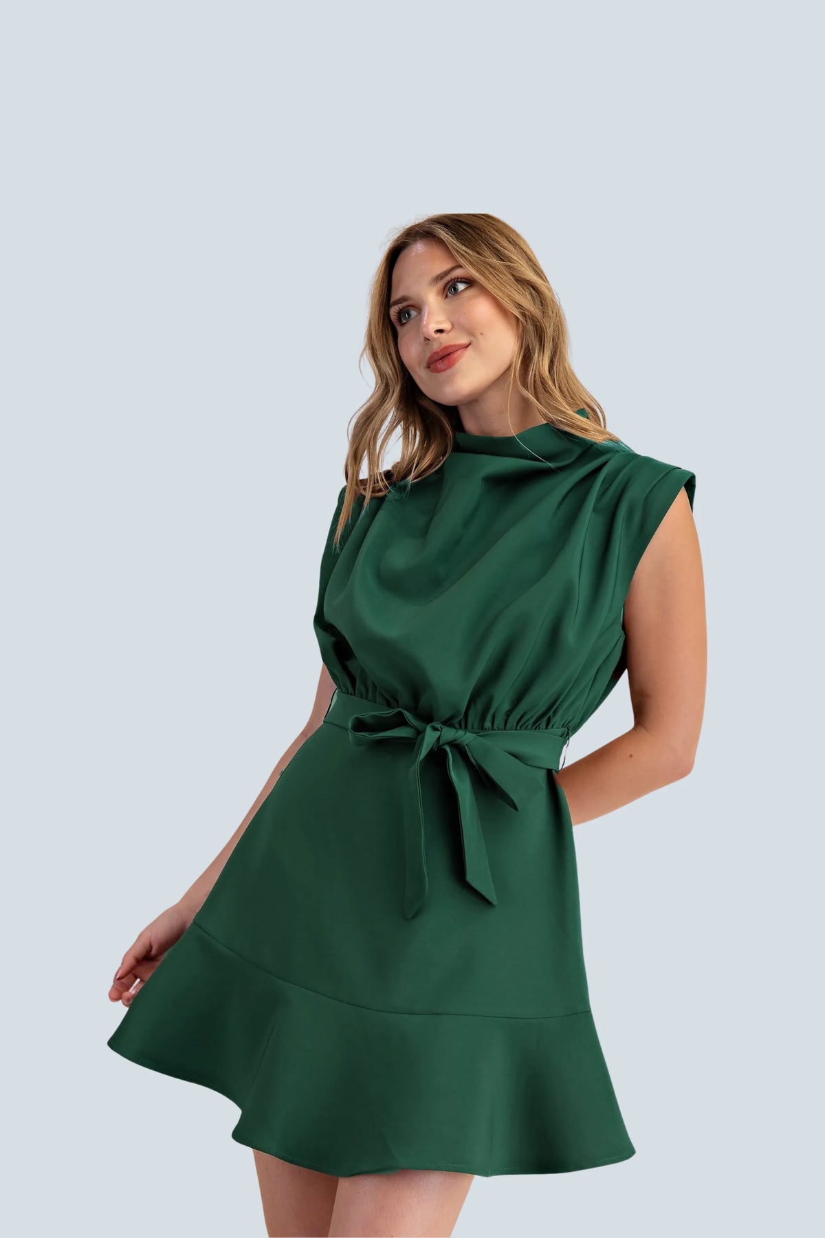 eBoutike Dress Cowl Neck Sleeveless Waist Tie Mini Dress
