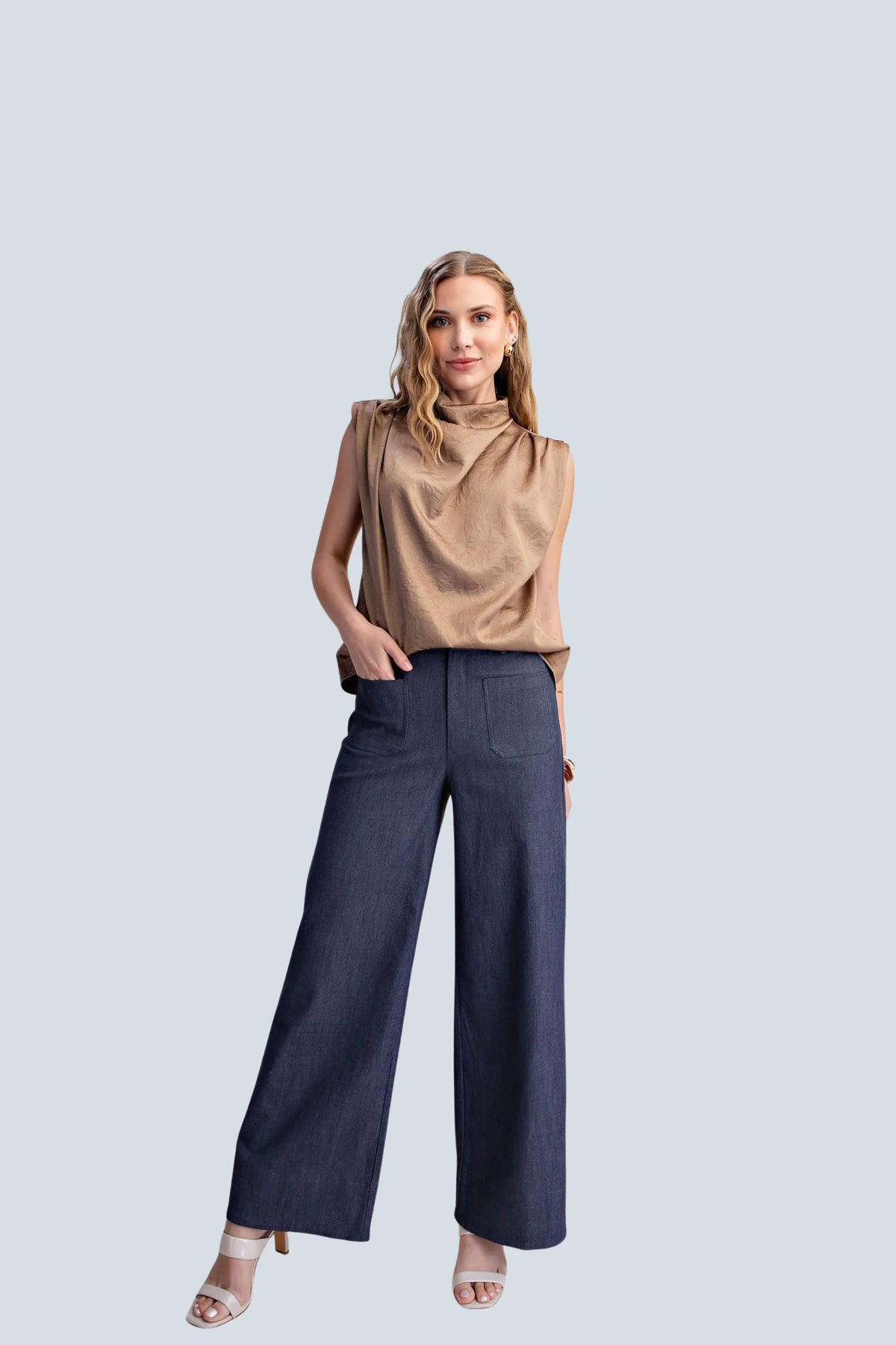 eBoutike Bottom Stretchy Jeans High Rise Front Pocket Wide Leg