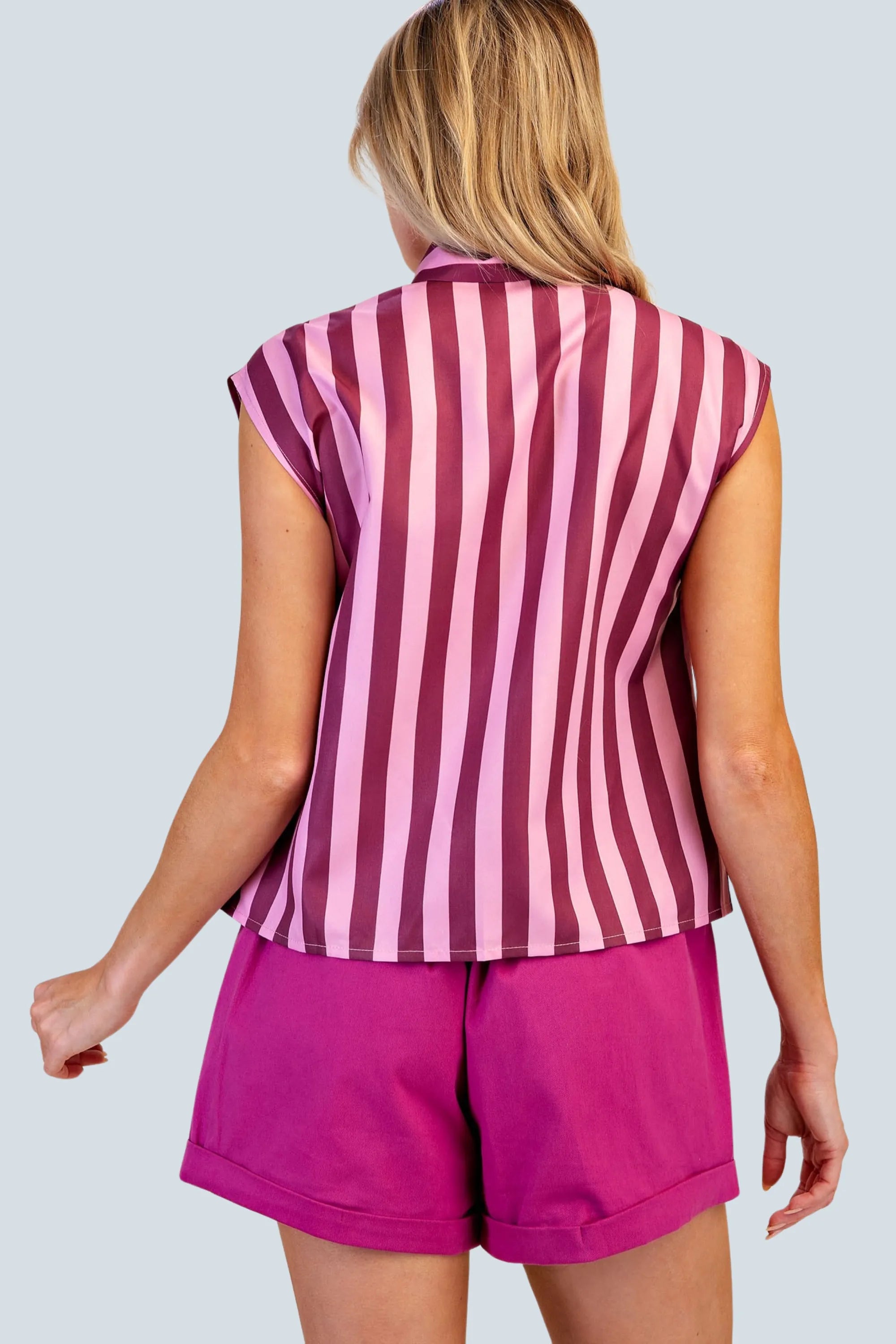 eBoutike Top Bow Neck Sleeveless Stripe Shirt