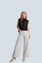 eBoutike Bottom Stretchy Jeans High Rise Front Pocket Wide Leg