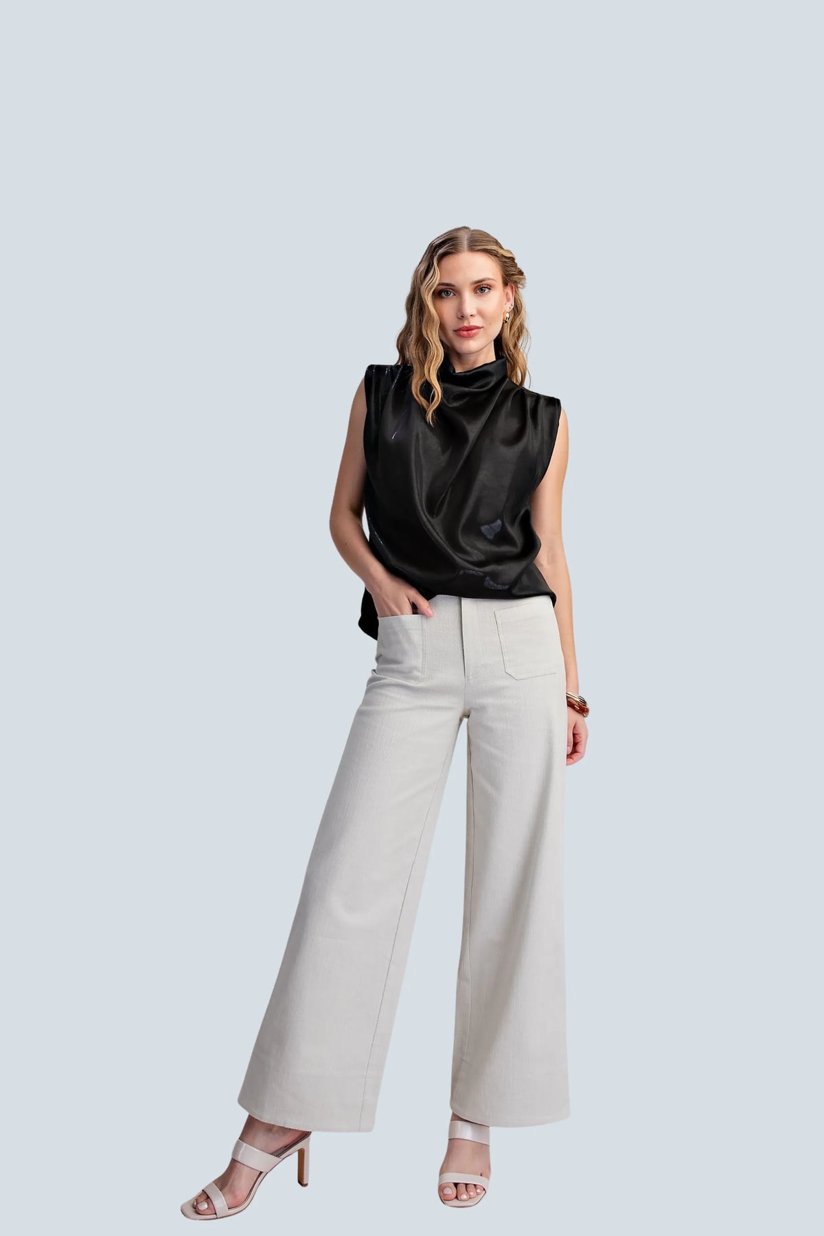 eBoutike Bottom Stretchy Jeans High Rise Front Pocket Wide Leg