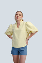 eBoutike Top Puff Sleeve Ruffled Neck Textured Fabric Top