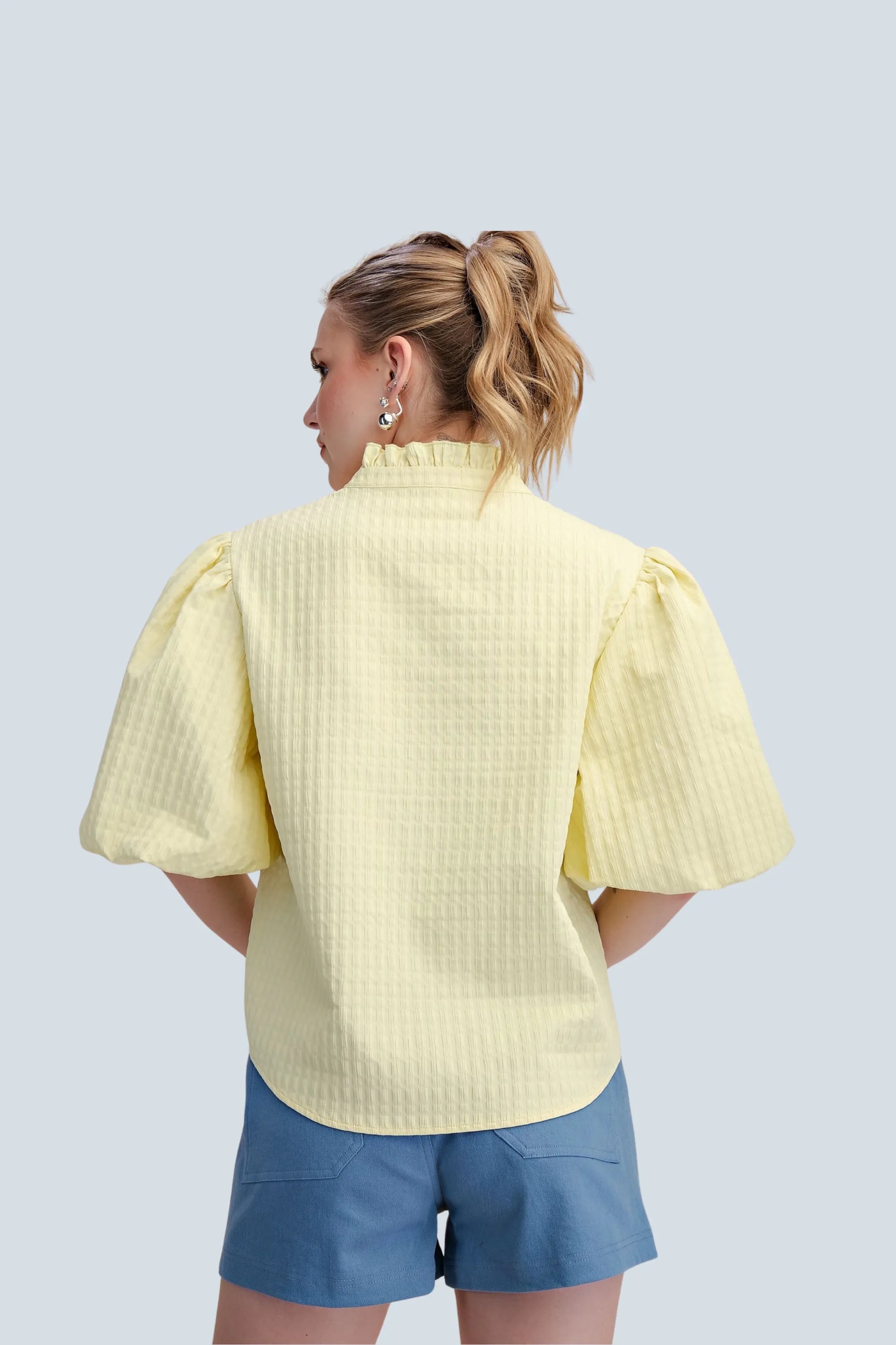 eBoutike Top Puff Sleeve Ruffled Neck Textured Fabric Top