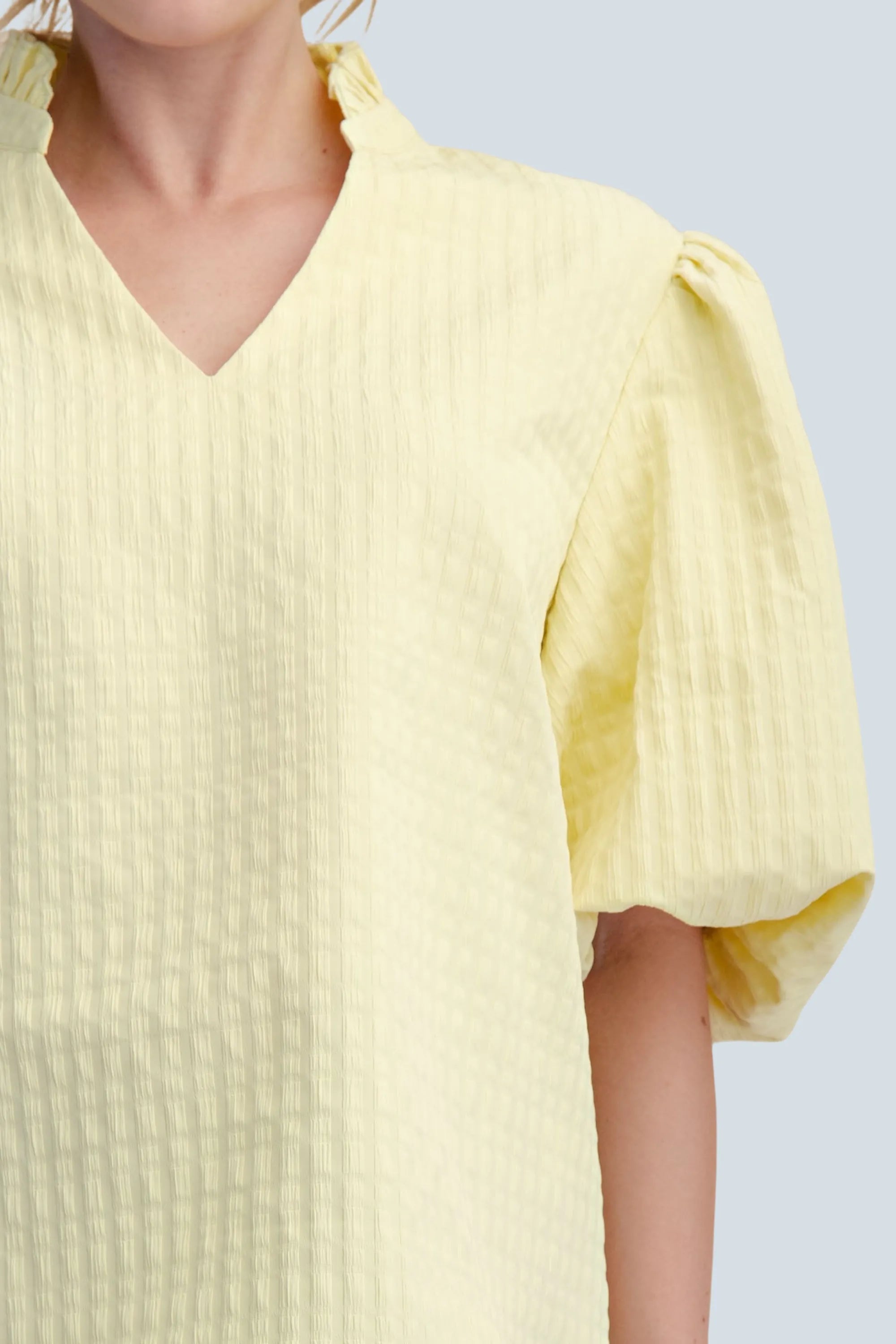 eBoutike Top Puff Sleeve Ruffled Neck Textured Fabric Top