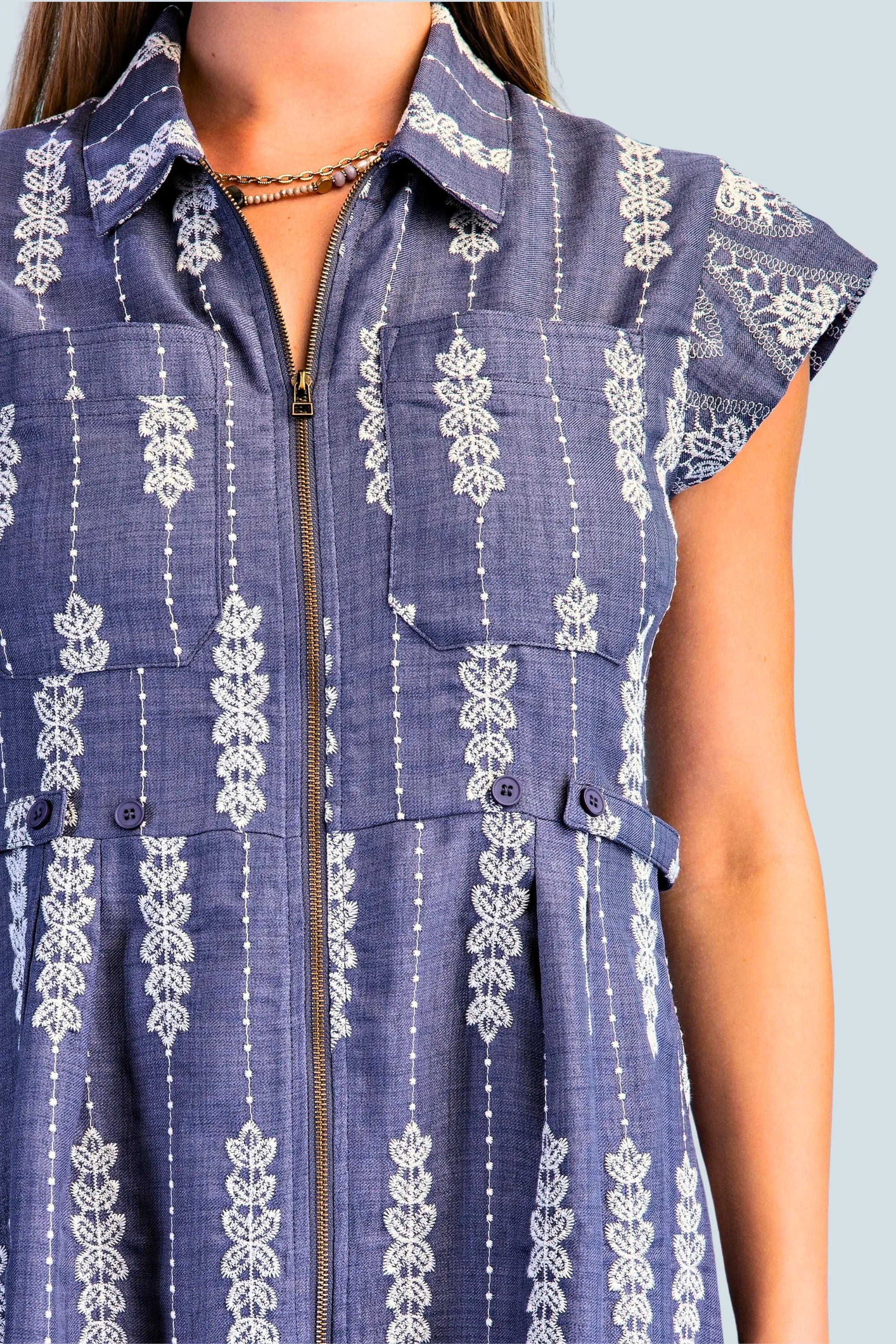 eBoutike Dress Embroidered Zipper Front Maxi Shirt Dress