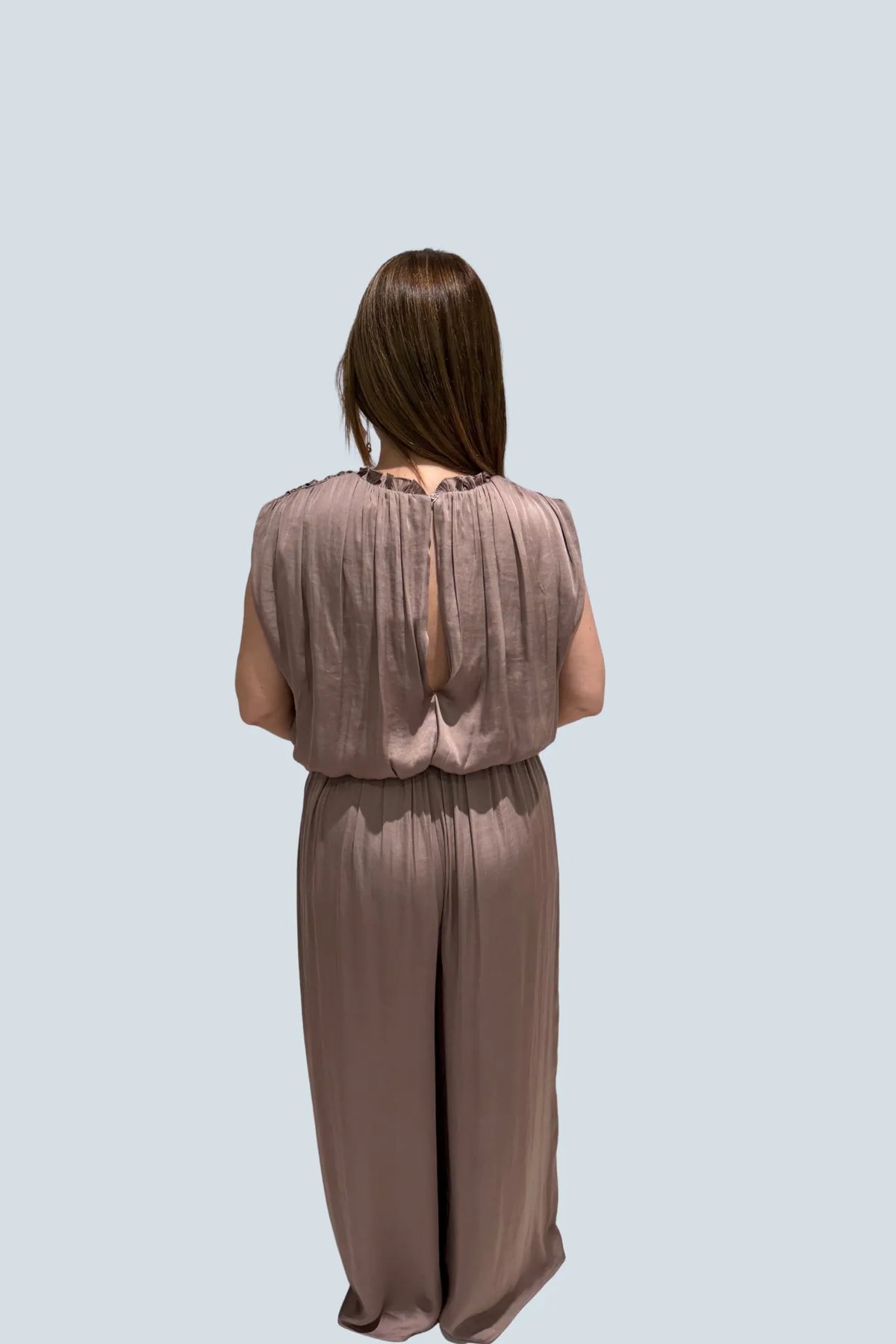 eBoutike Jumpsuit Ruffle Neck Sleeveless Tie Waist Wide Leg Jumpsuit