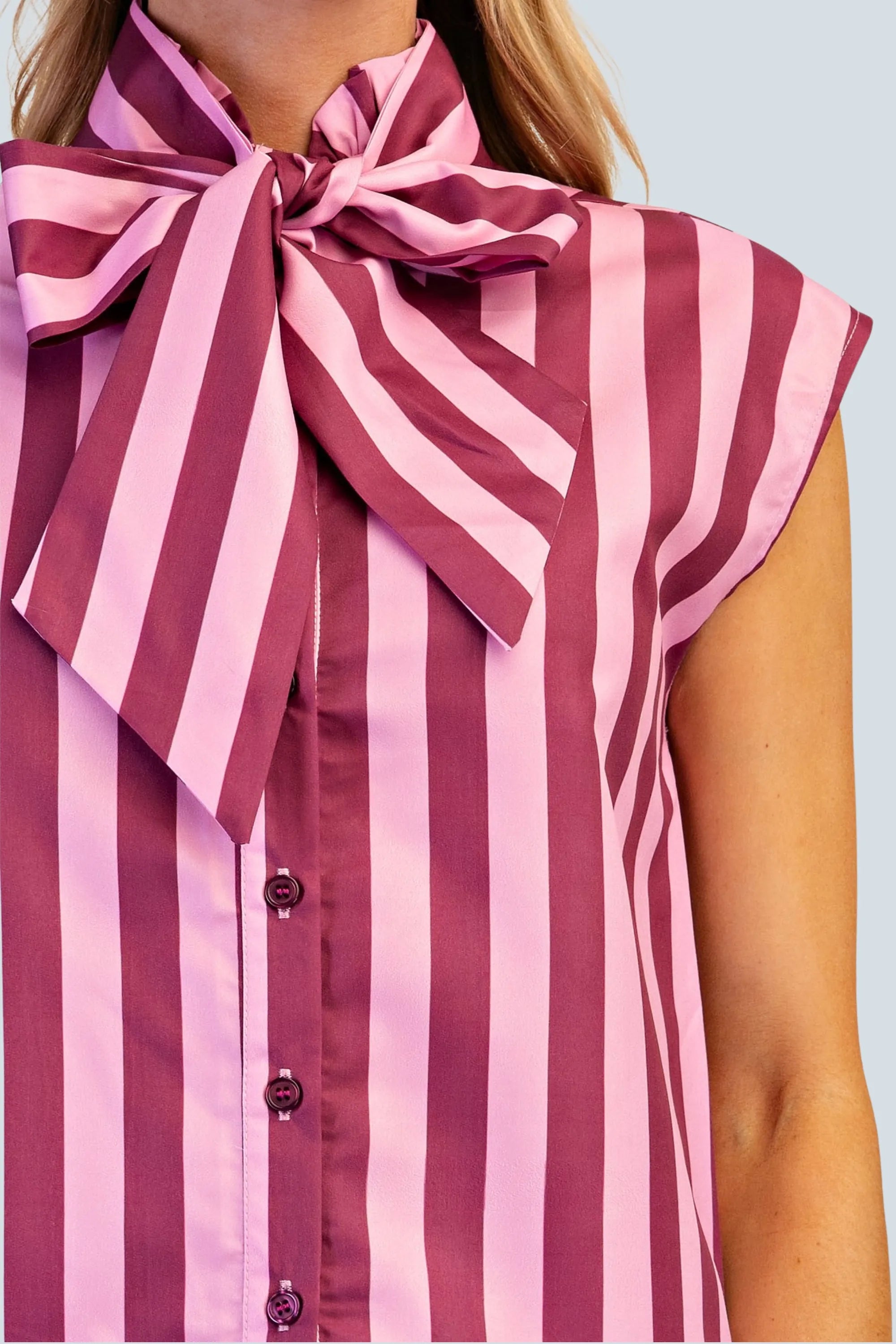 eBoutike Top Bow Neck Sleeveless Stripe Shirt