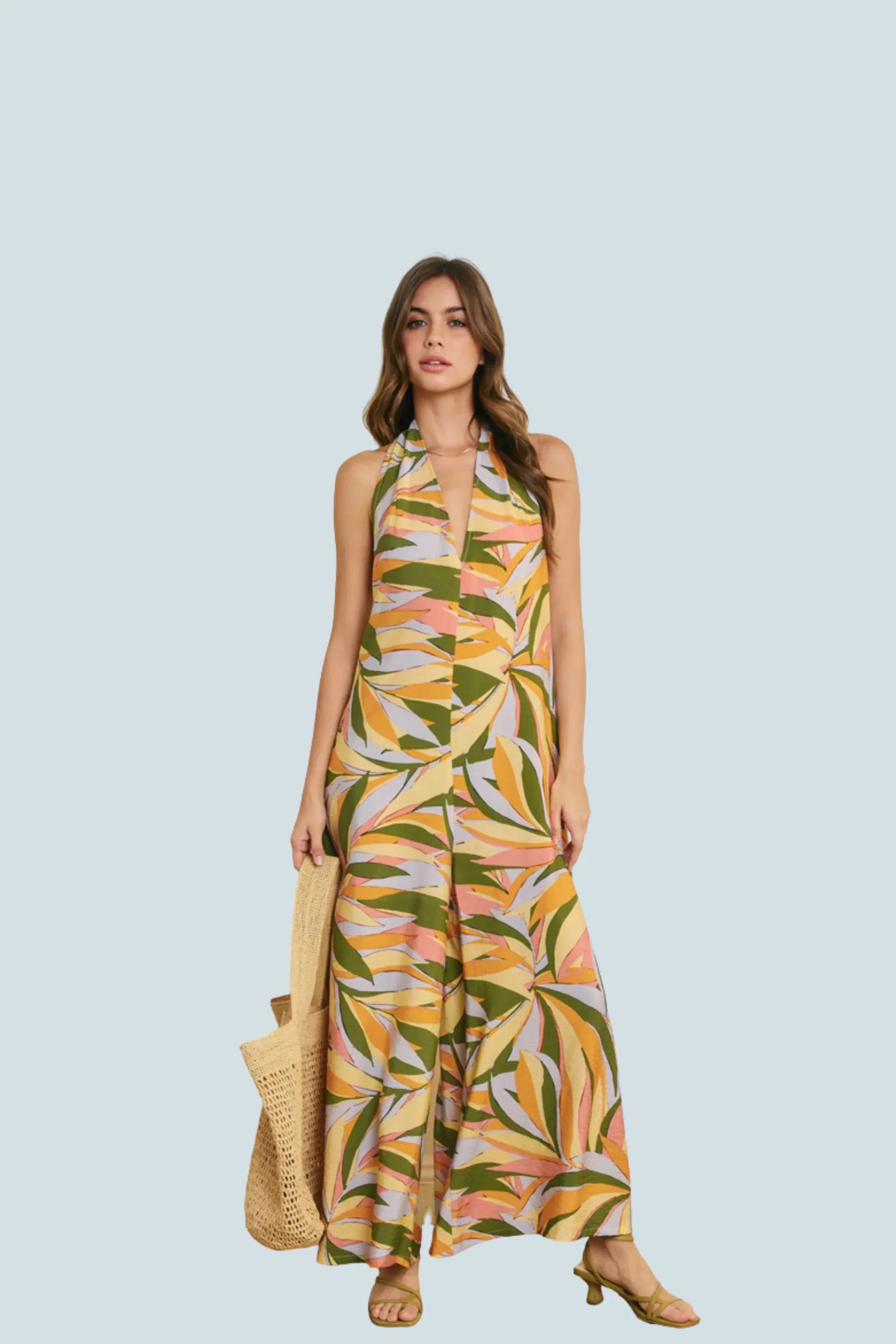 eBoutike Jumpsuit Tropical Open Back Halter Jumpsuit