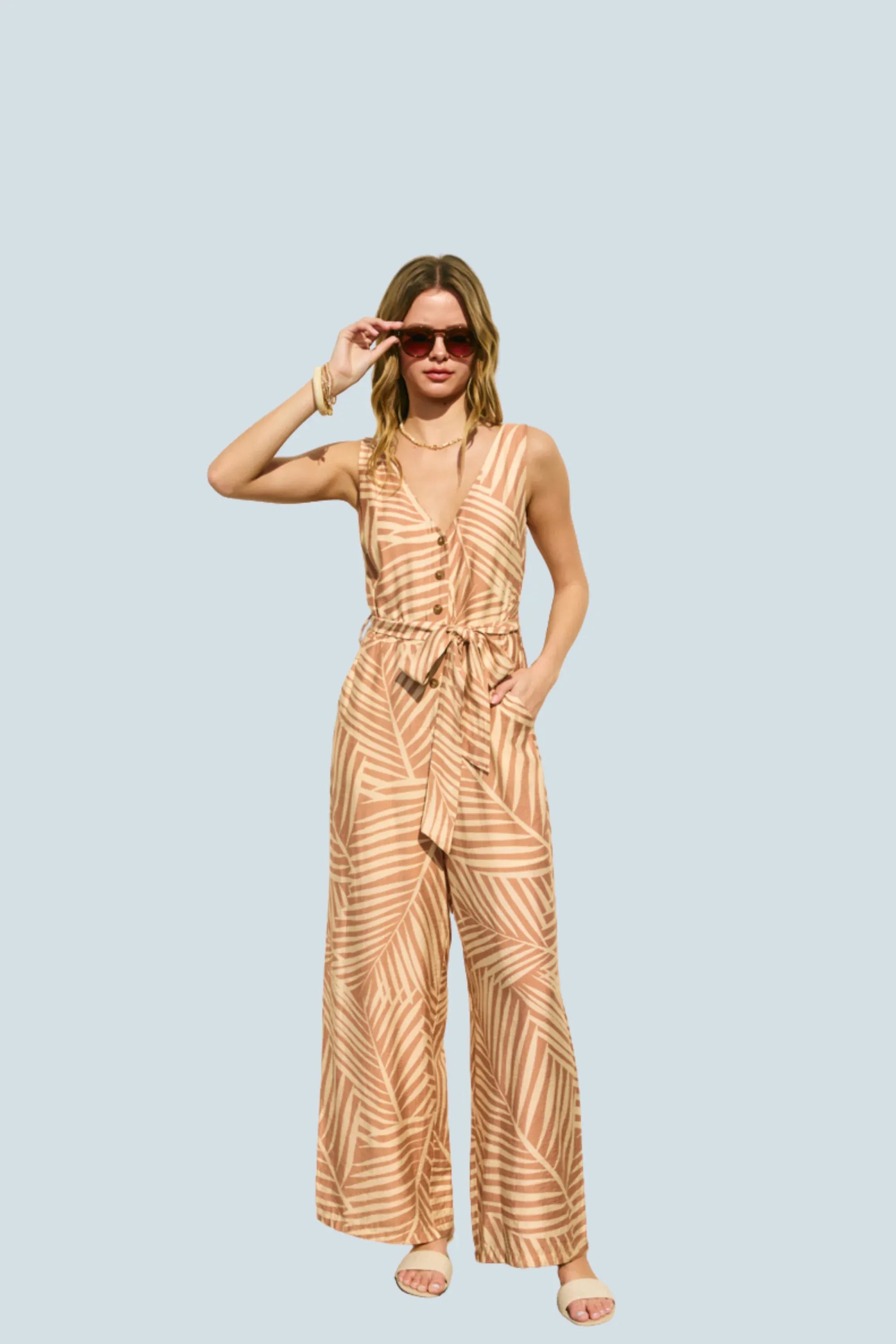 eBoutike Jumpsuit Tropical Leaf Button Down Sash Belt Jumpsuit