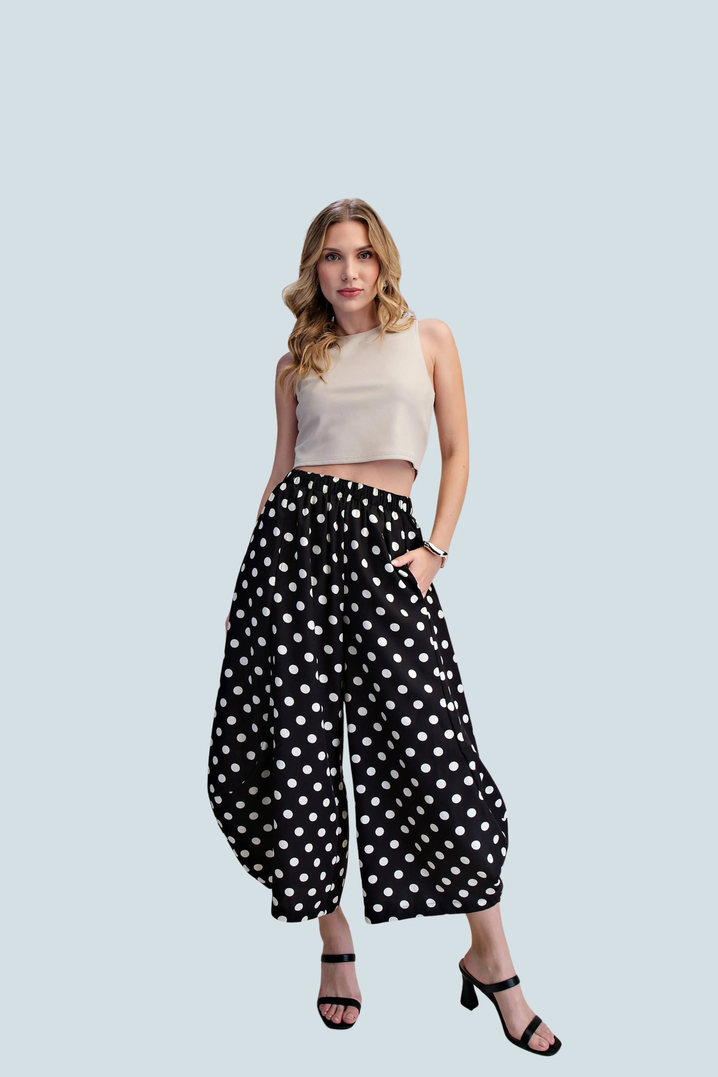 eBoutike Bottom Mid-Rise Volume Leg Elastic Band Polka Dot Pants