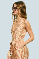 eBoutike Jumpsuit Tropical Leaf Button Down Sash Belt Jumpsuit