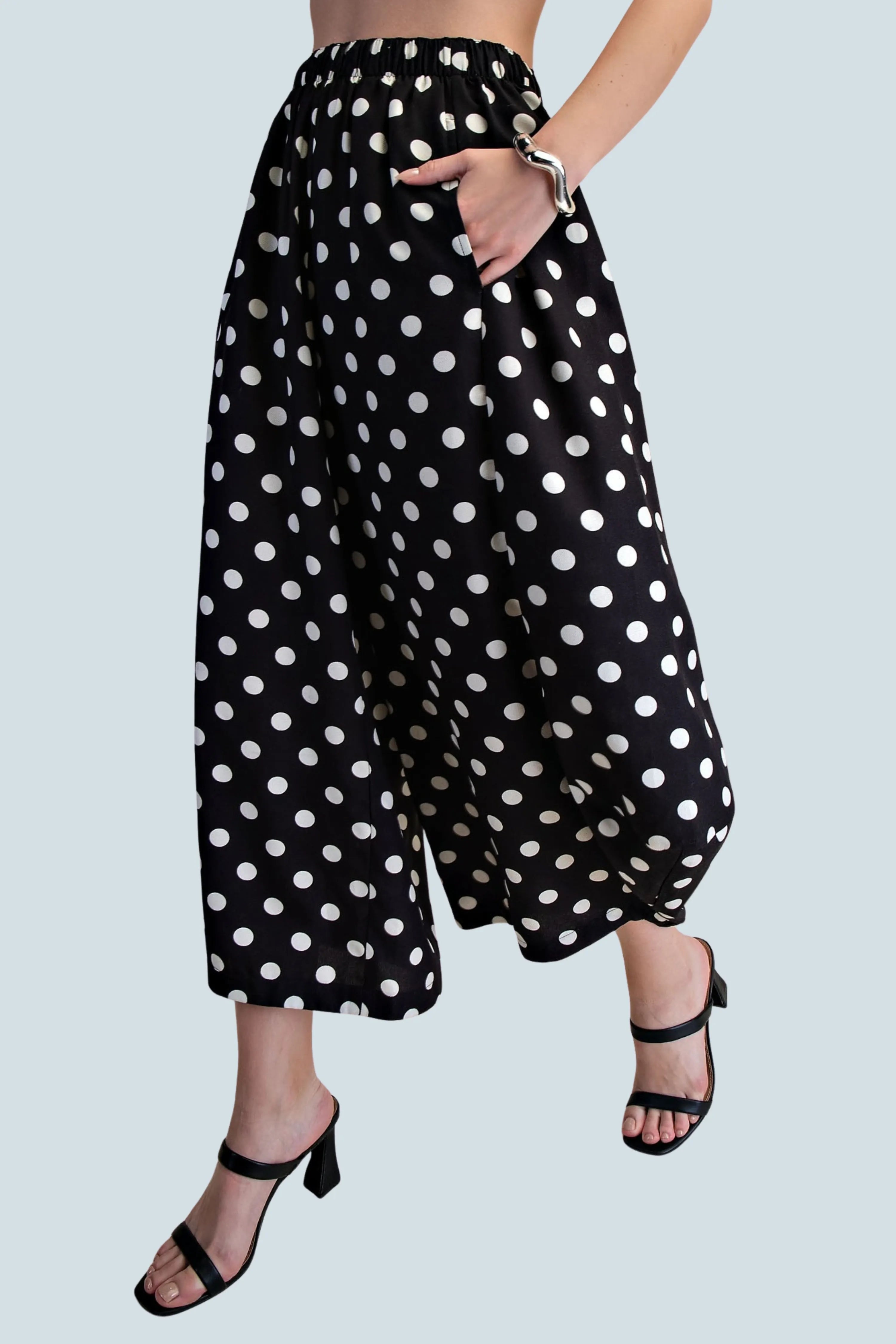 eBoutike Bottom Mid-Rise Volume Leg Elastic Band Polka Dot Pants
