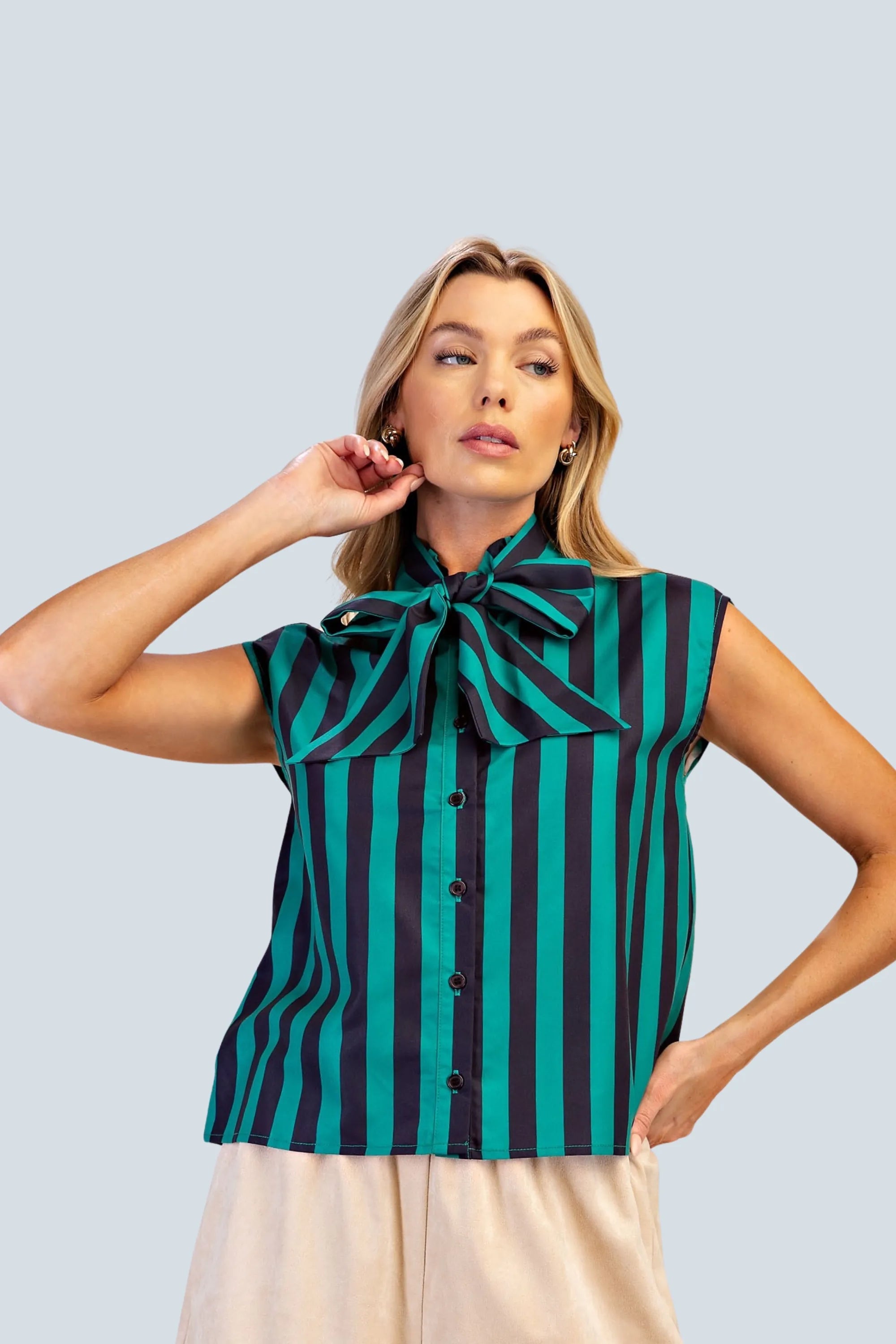 eBoutike Top Bow Neck Sleeveless Stripe Shirt