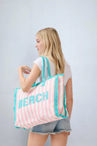 eBoutike Handbag BEACH Letter Embroidery Terry Cloth Frayed Striped Shoulder Tote Bag