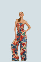 eBoutike Jumpsuit Tropical Leaf Smocked Strapless Jumpsuit