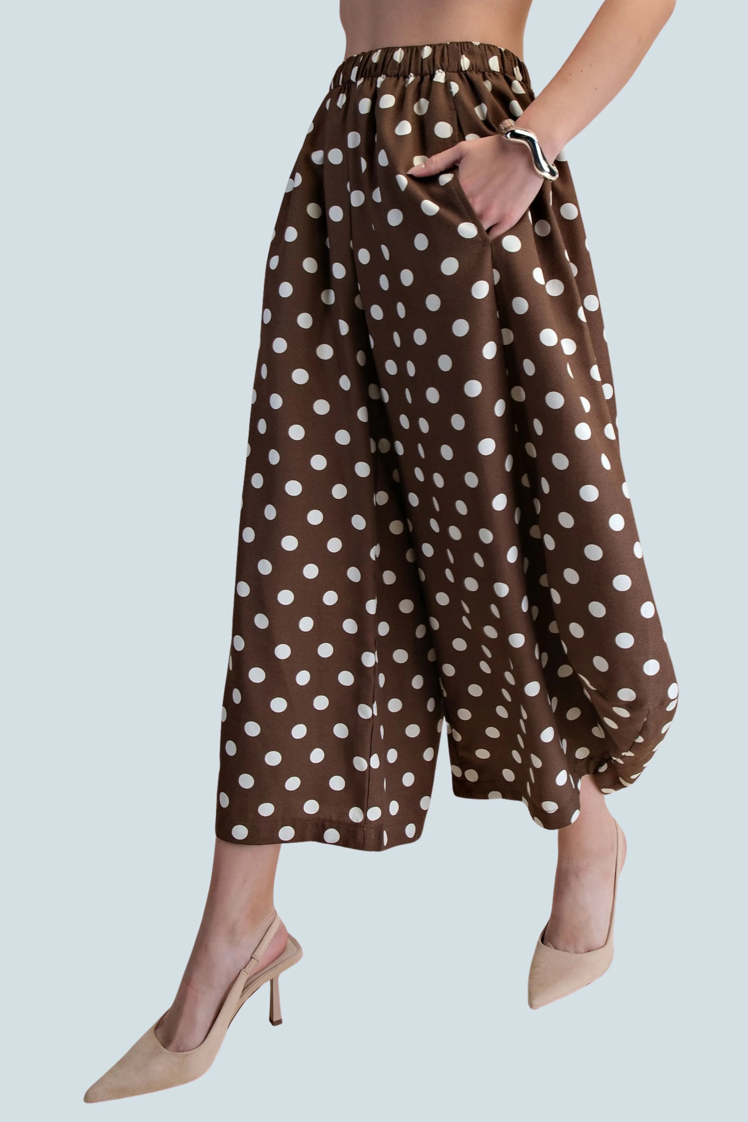 eBoutike Bottom Mid-Rise Volume Leg Elastic Band Polka Dot Pants