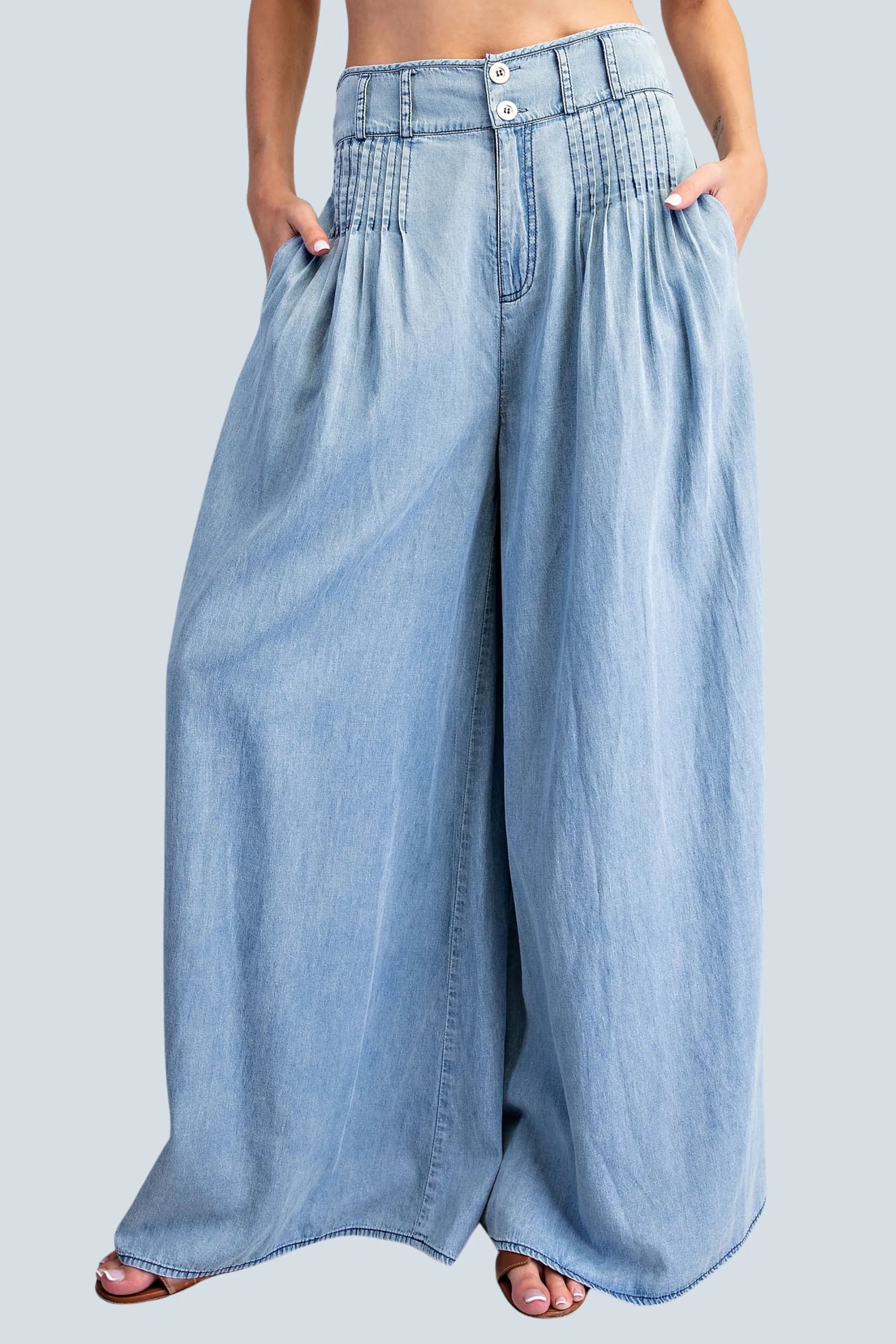 eBoutike Bottom Pintuck Denim Wide Leg Pants
