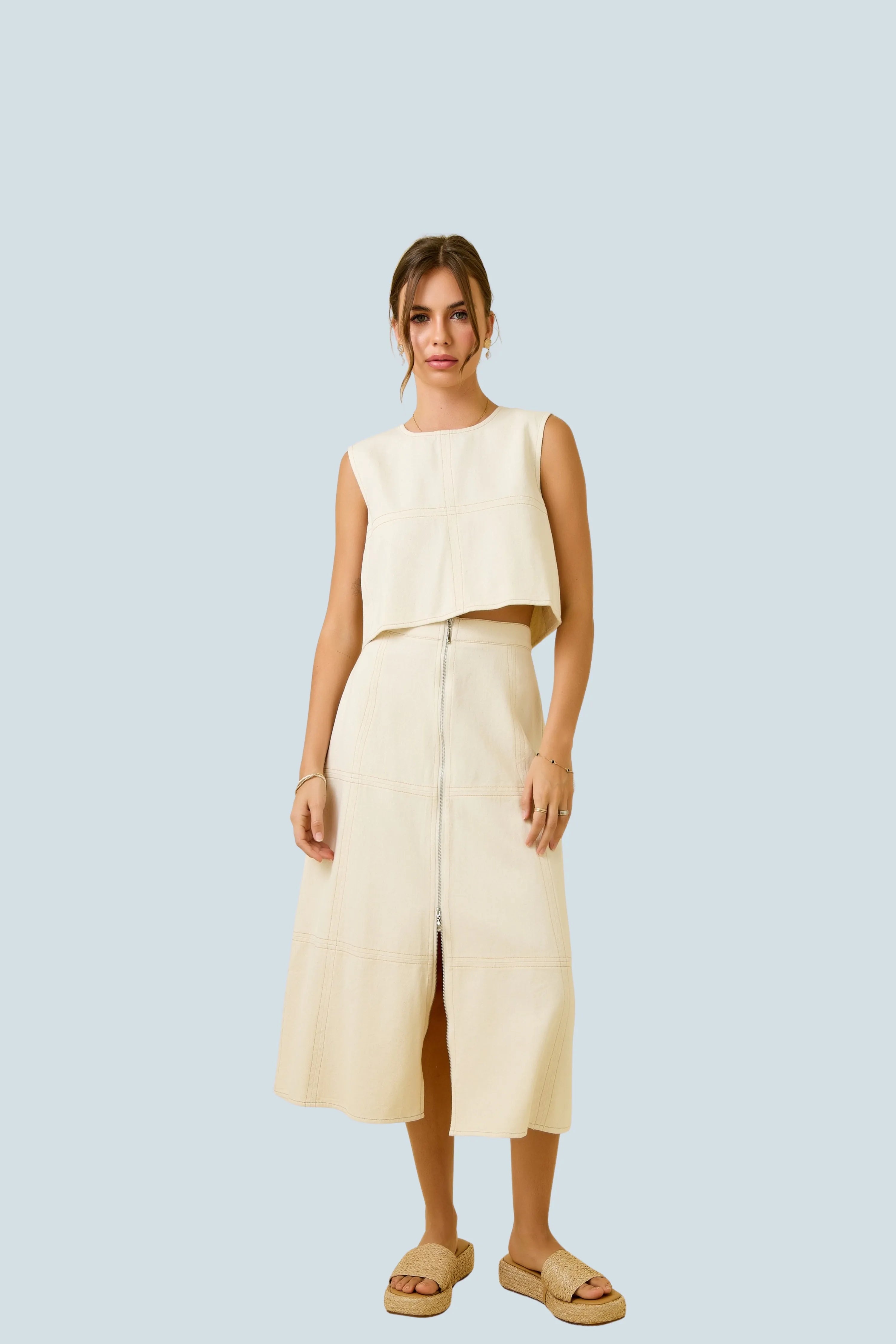 eBoutike Bottom Crop Top and Midi Skirt Set Oatmeal