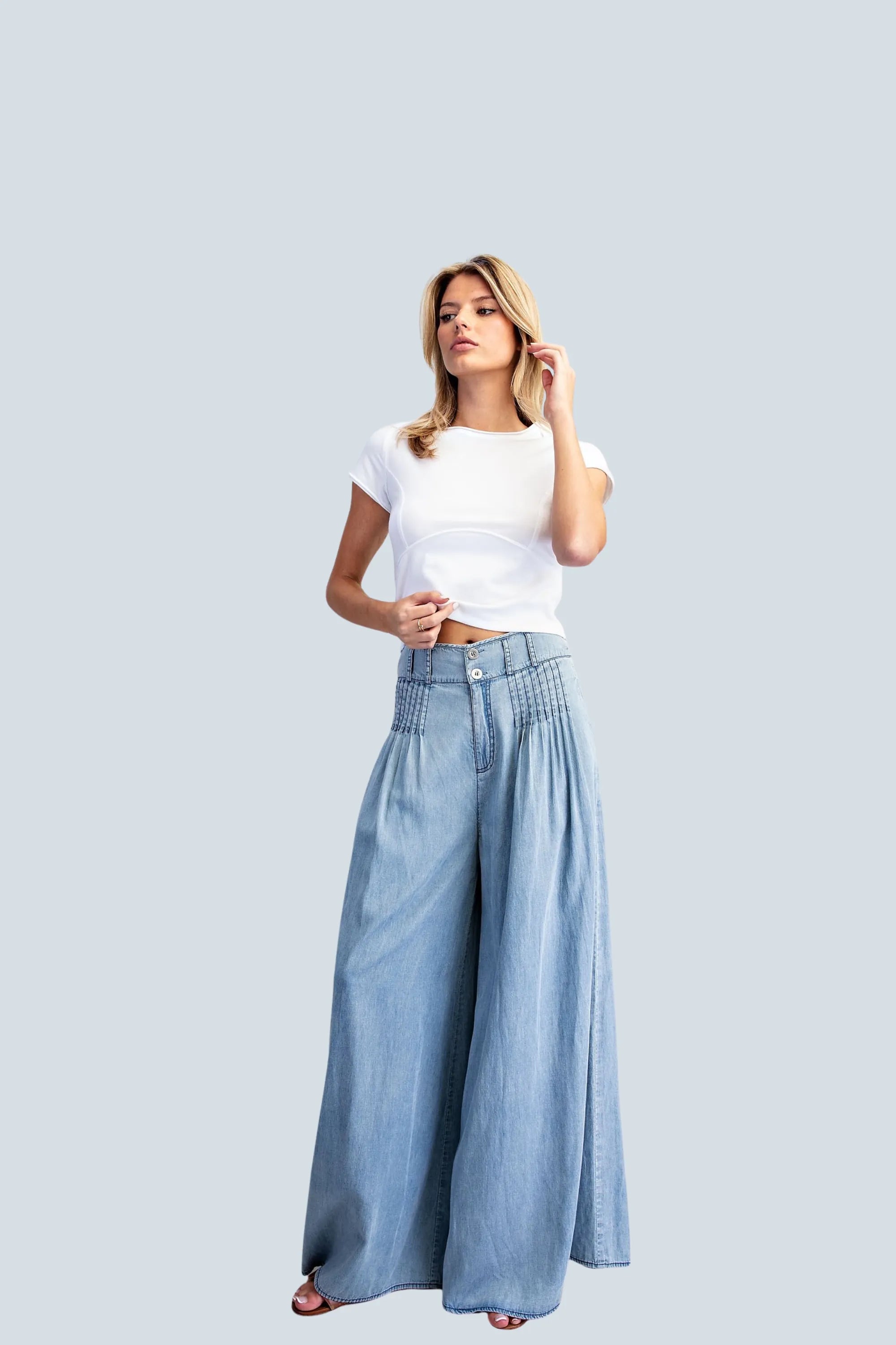 eBoutike Bottom Pintuck Denim Wide Leg Pants