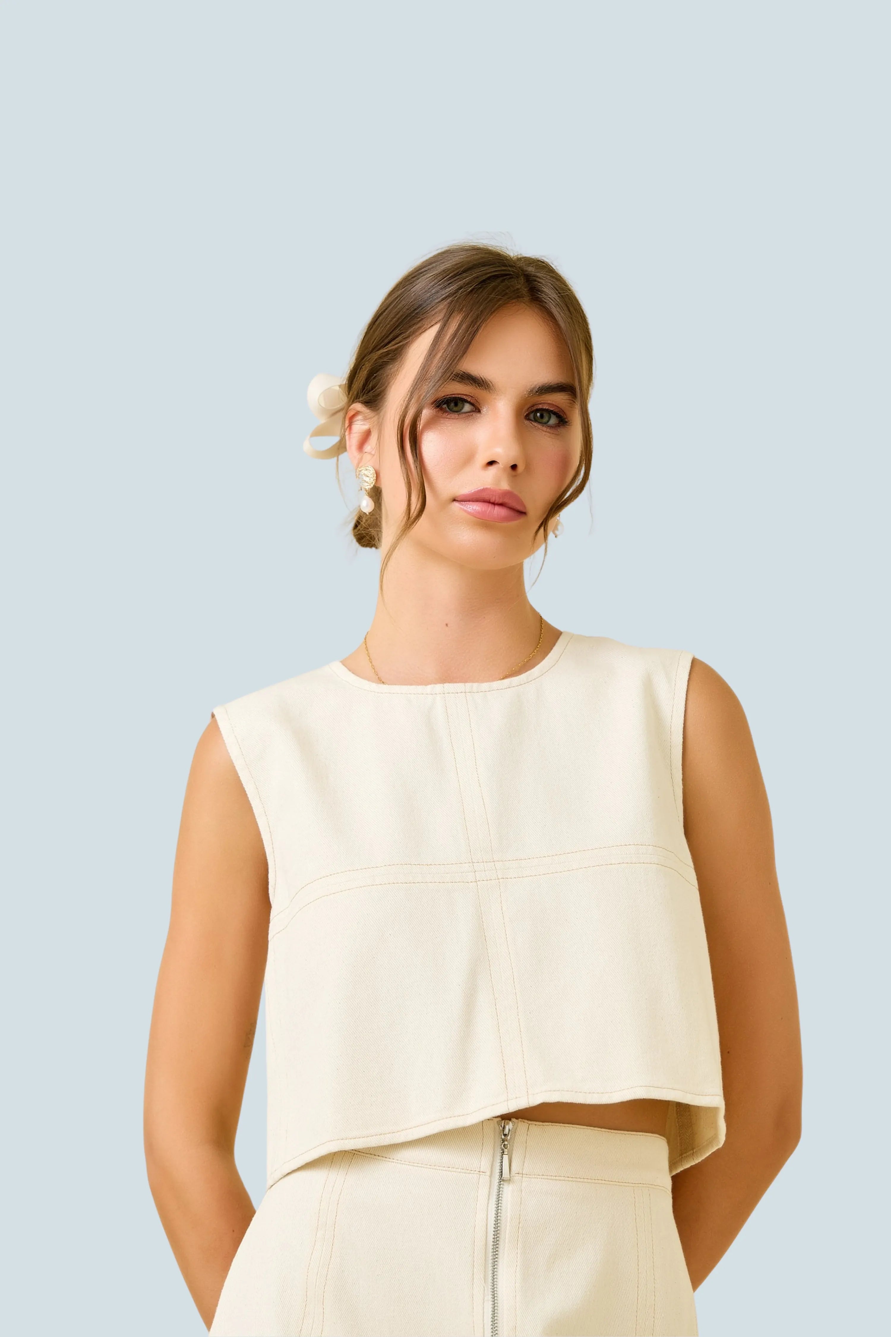 eBoutike Bottom Crop Top and Midi Skirt Set Oatmeal