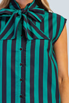 eBoutike Top Bow Neck Sleeveless Stripe Shirt