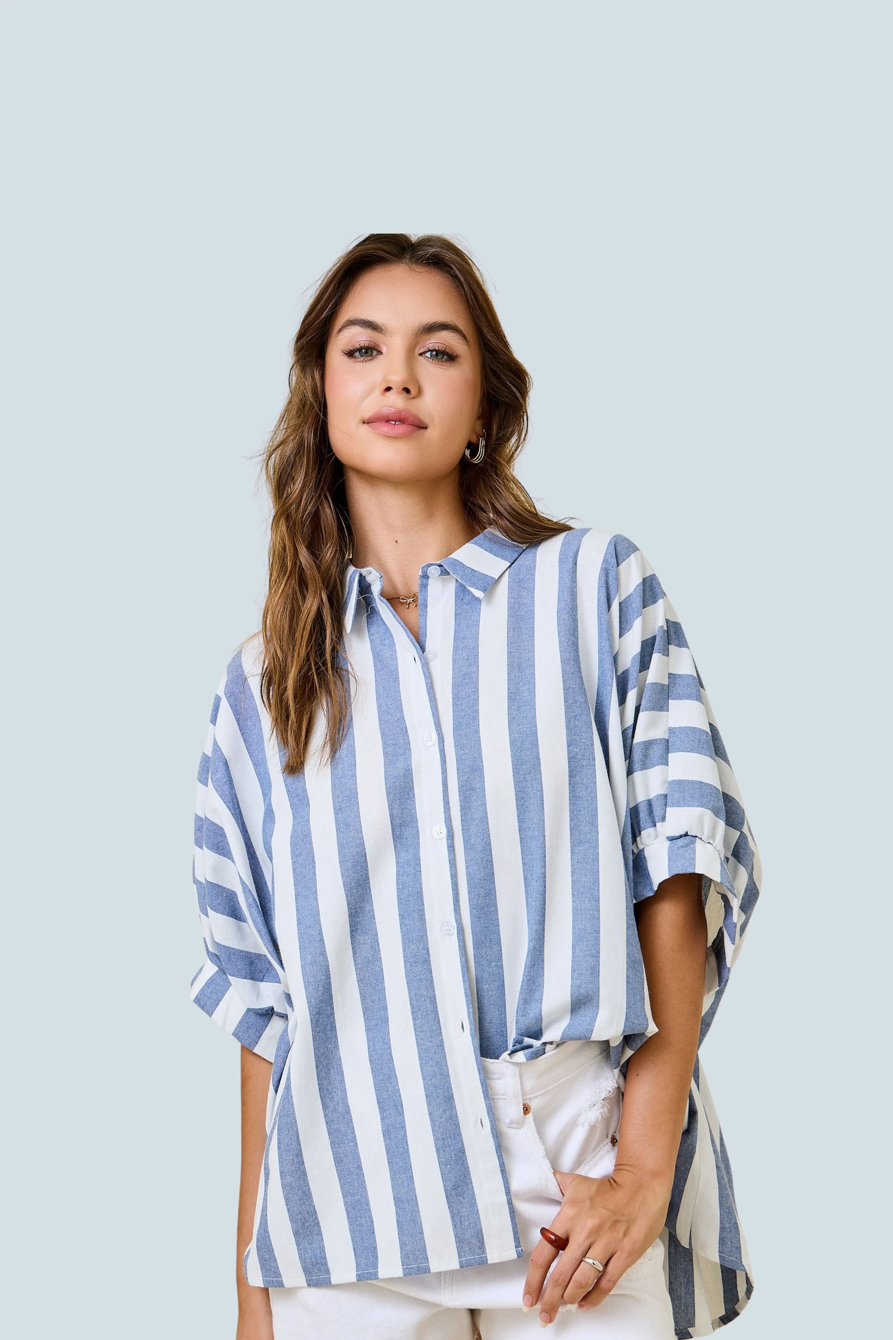 eBoutike Top Stripe Button Down Oversized Shirt