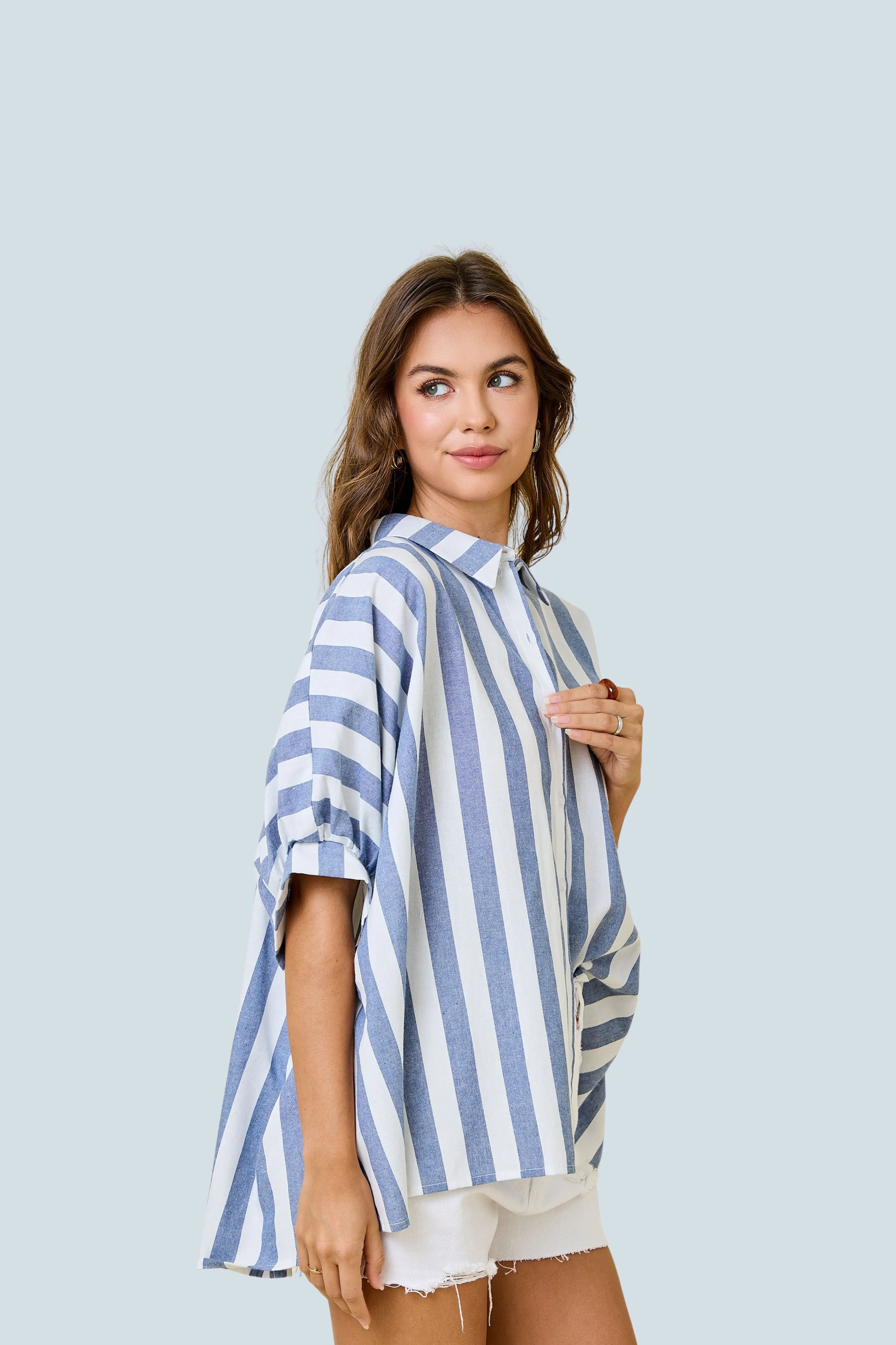 eBoutike Top Stripe Button Down Oversized Shirt