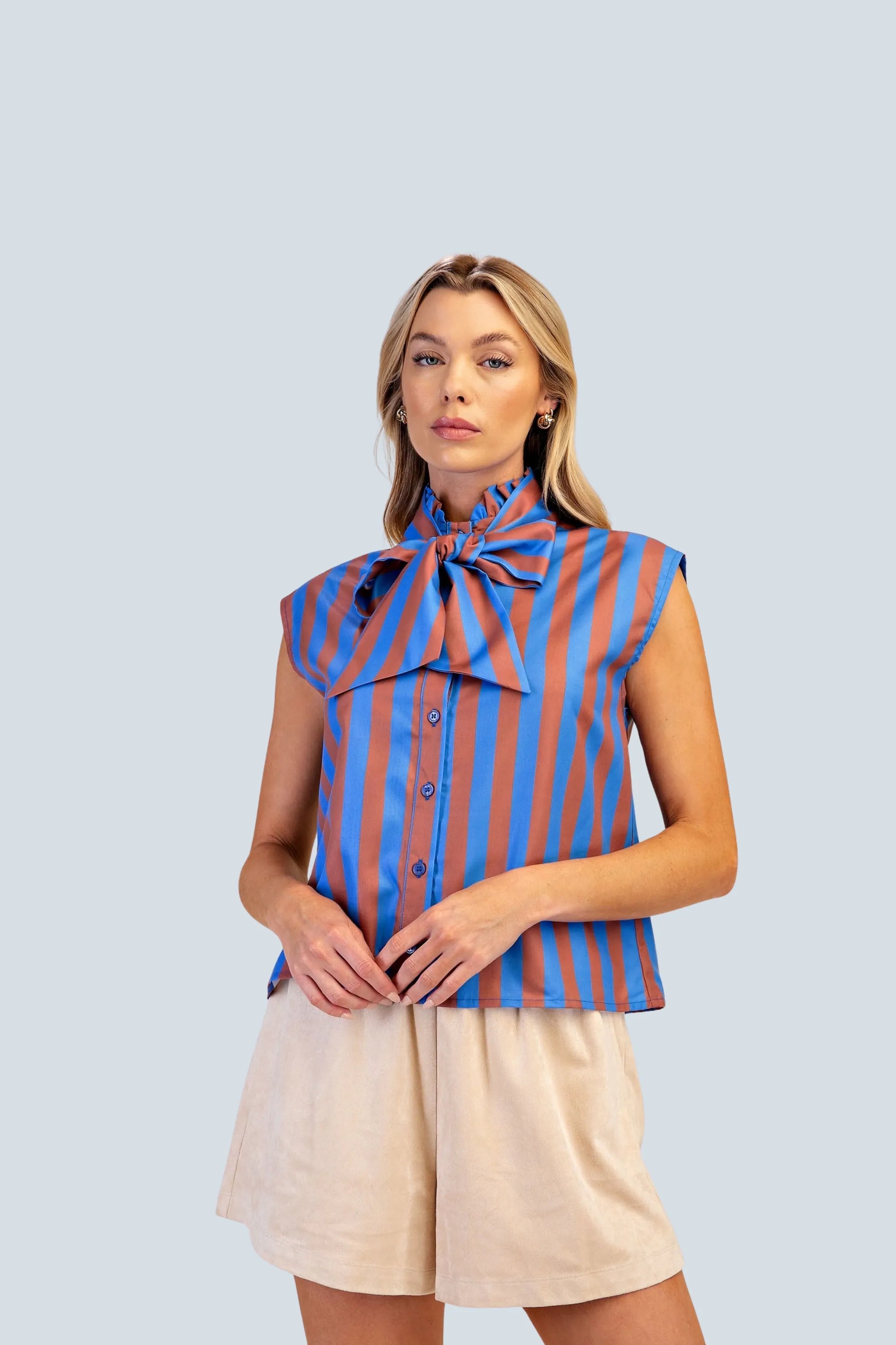 eBoutike Top Bow Neck Sleeveless Stripe Shirt