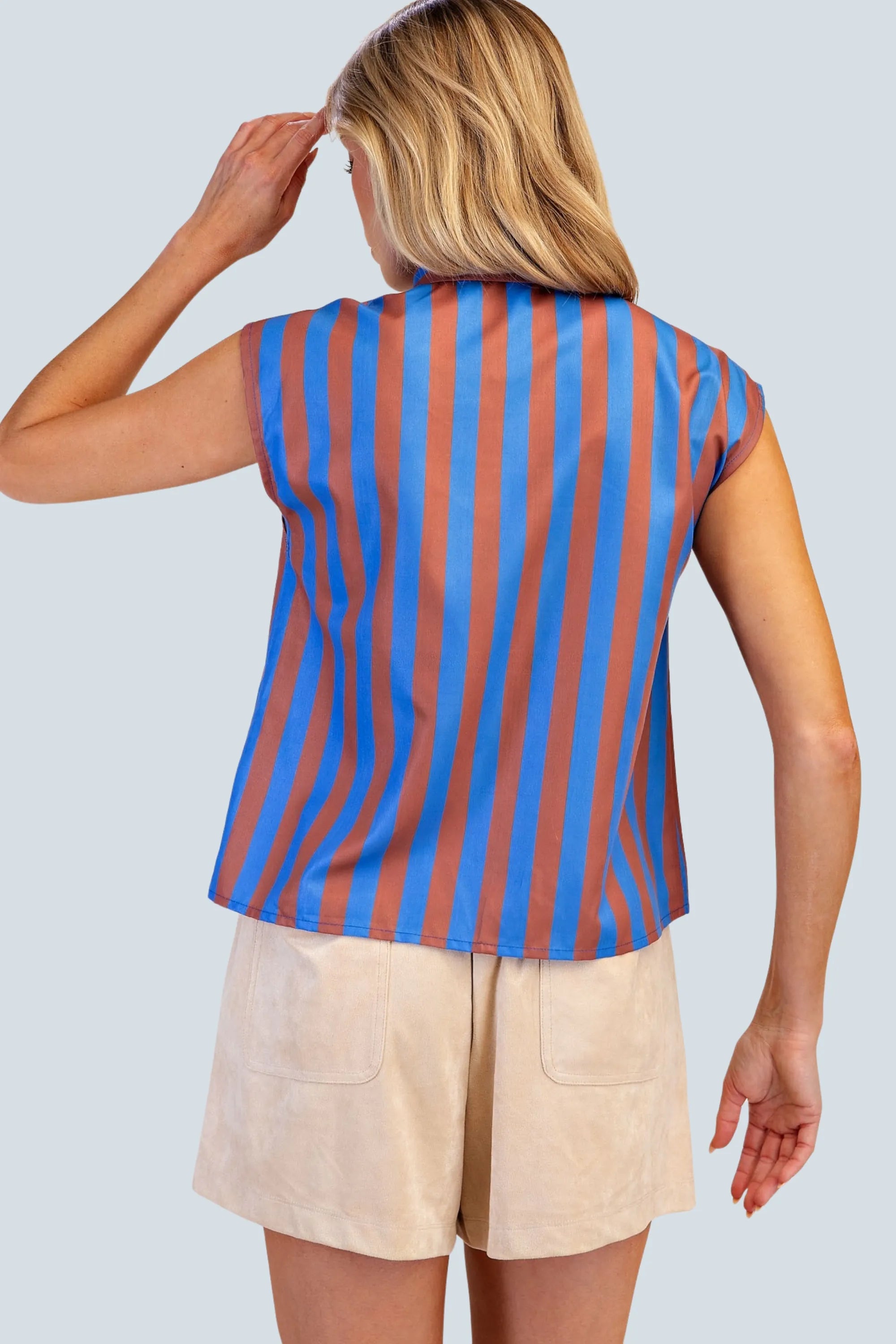 eBoutike Top Bow Neck Sleeveless Stripe Shirt