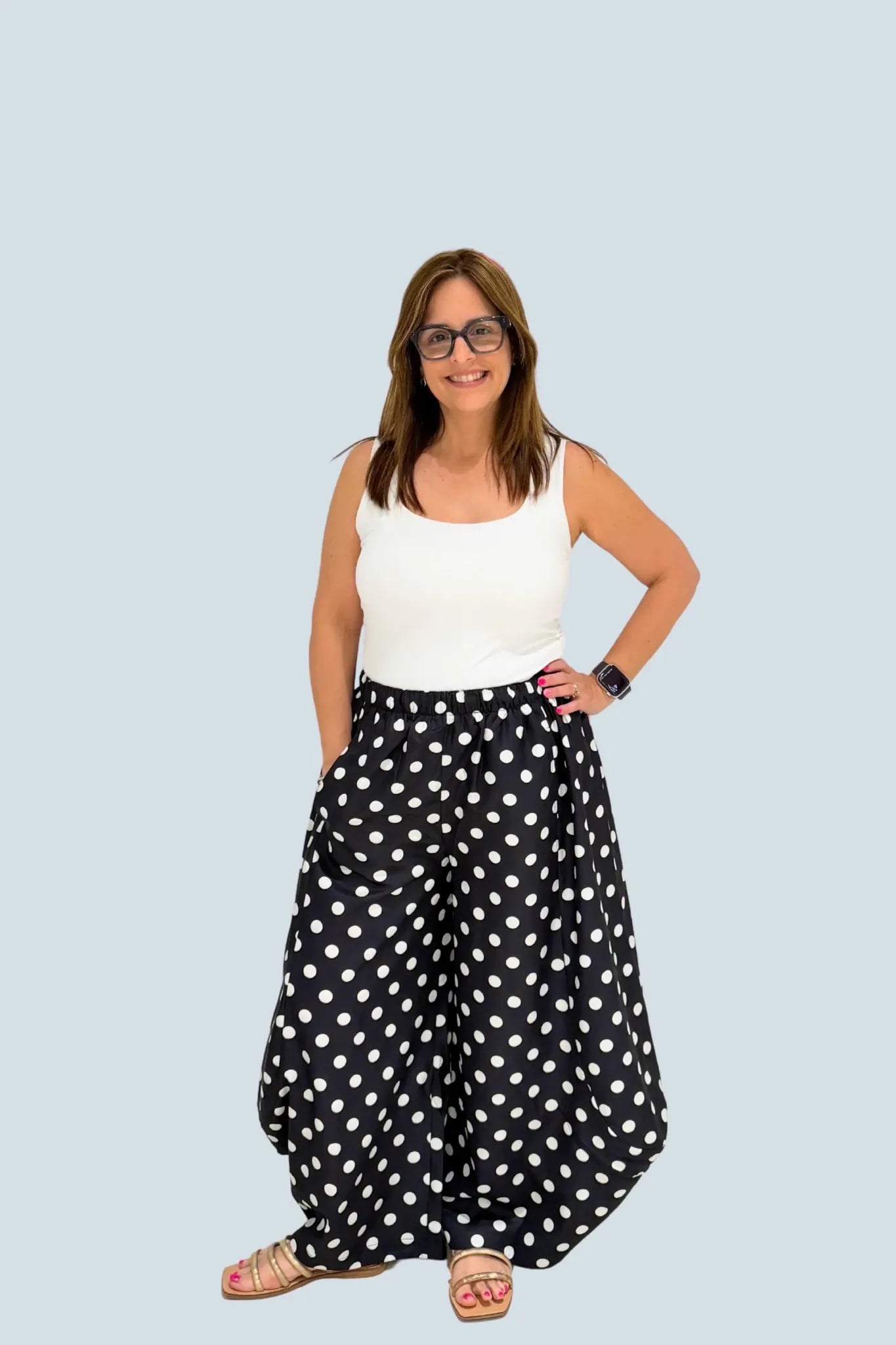 eBoutike Bottom Mid-Rise Volume Leg Elastic Band Polka Dot Pants
