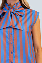 eBoutike Top Bow Neck Sleeveless Stripe Shirt