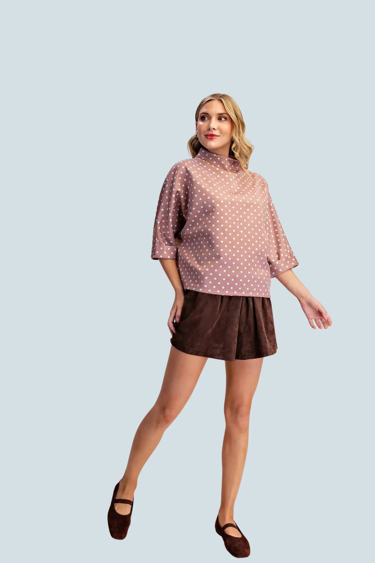 eBoutike Top Polka Dot Mock-Neck Top