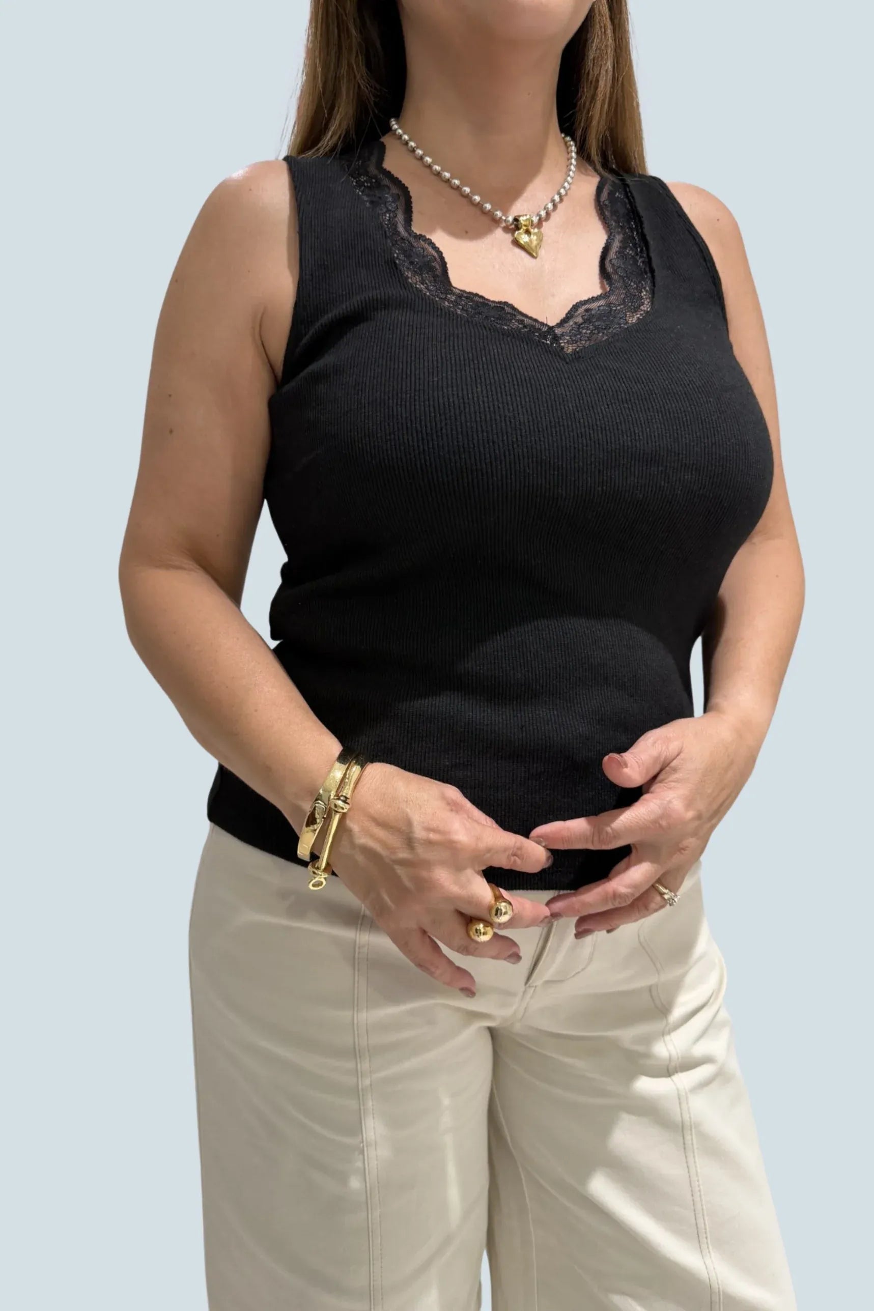 eBoutike Top Sleeveless Lace Trim Tank Top Black / S