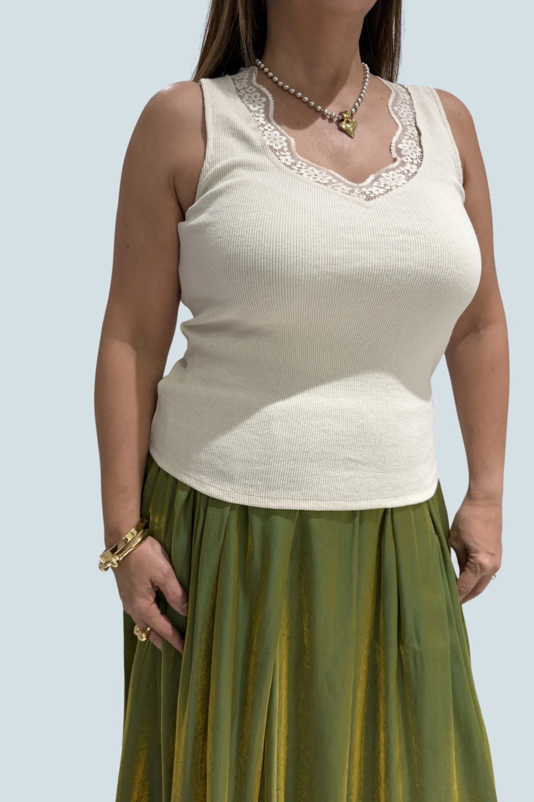 eBoutike Top Sleeveless Lace Trim Tank Top Ivory / S