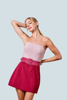eBoutike Dress Strapless Crepe Color Block Detail Dress With Belt