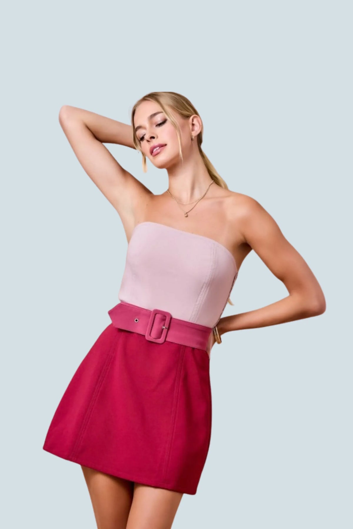 eBoutike Dress Strapless Crepe Color Block Detail Dress With Belt
