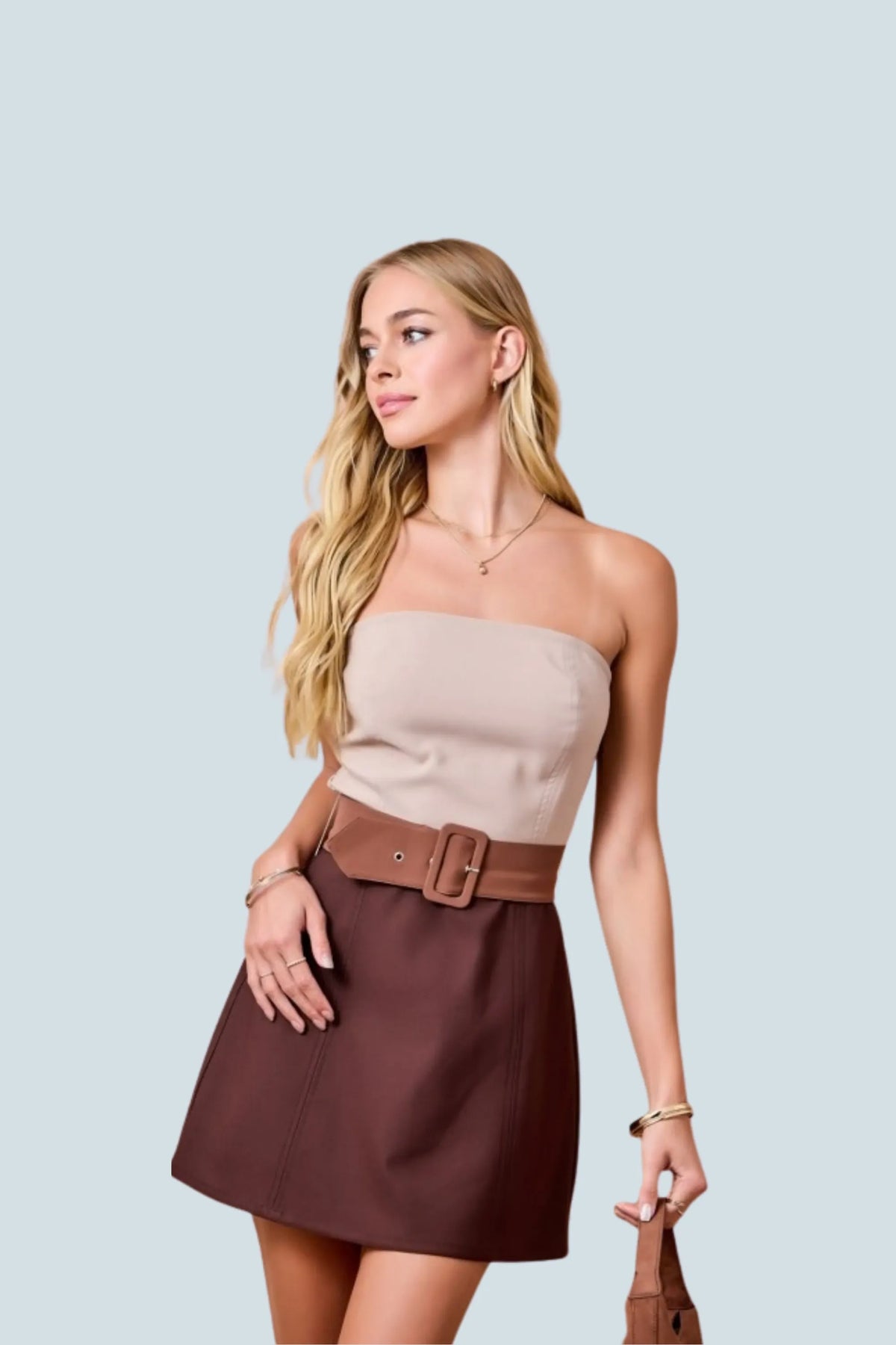 eBoutike Dress Strapless Crepe Color Block Detail Dress With Belt