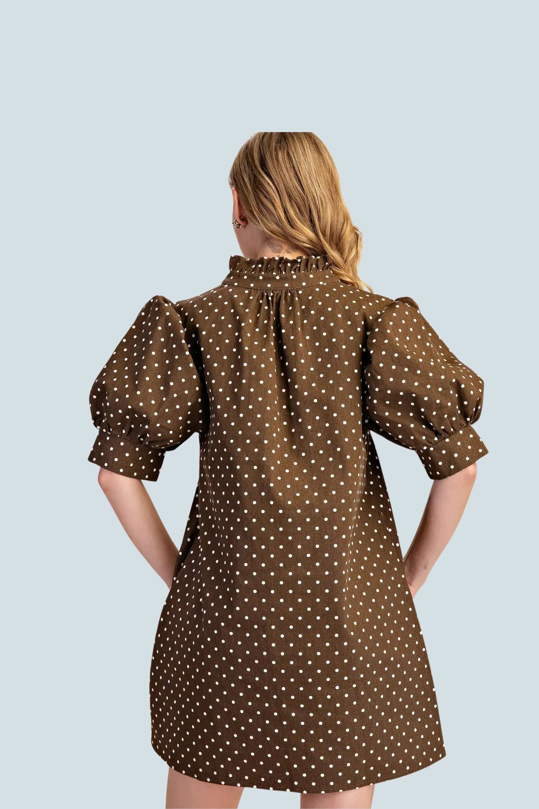 eBoutike Dress Ruffle V-Neck Puff Sleeve Polka Dot Mini Dress